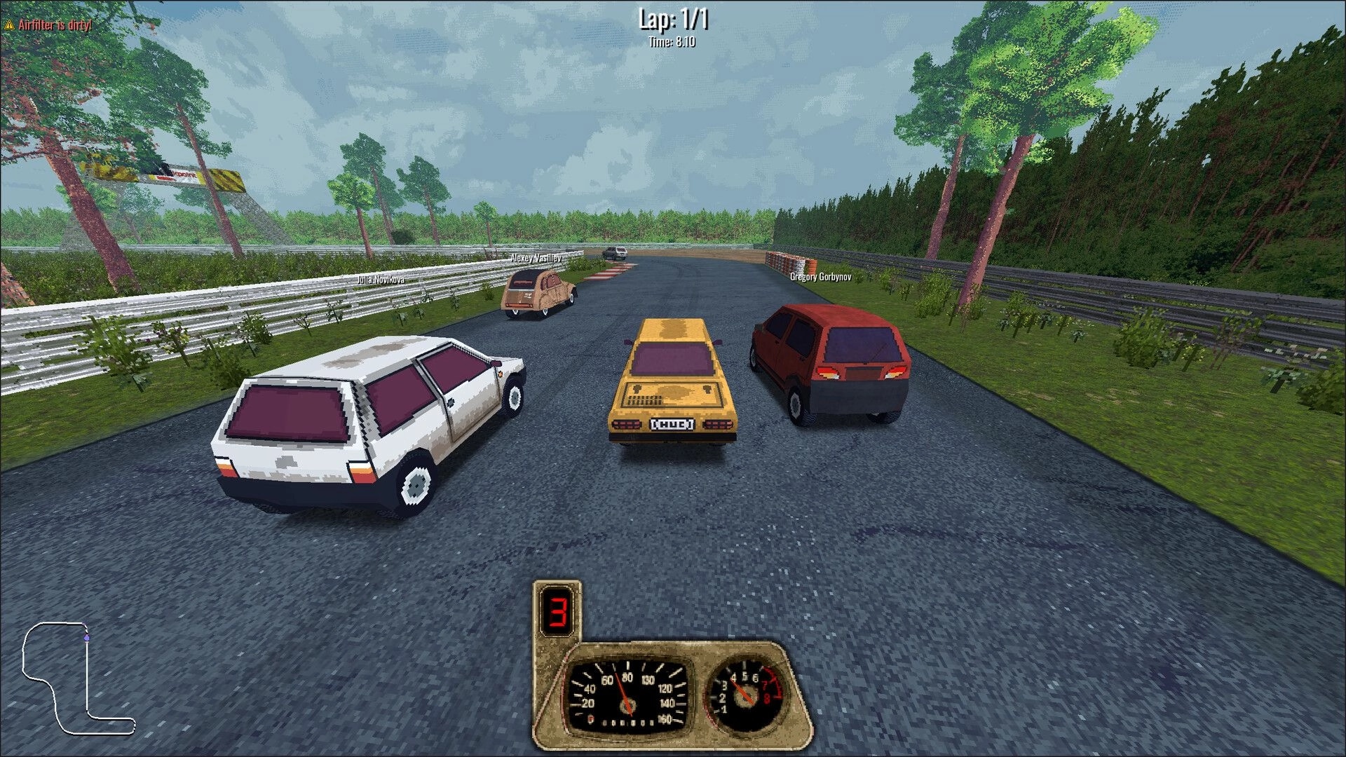 BeaterCore: Rusty beater cars racing on a forest track with UI showing speedometer and lap details