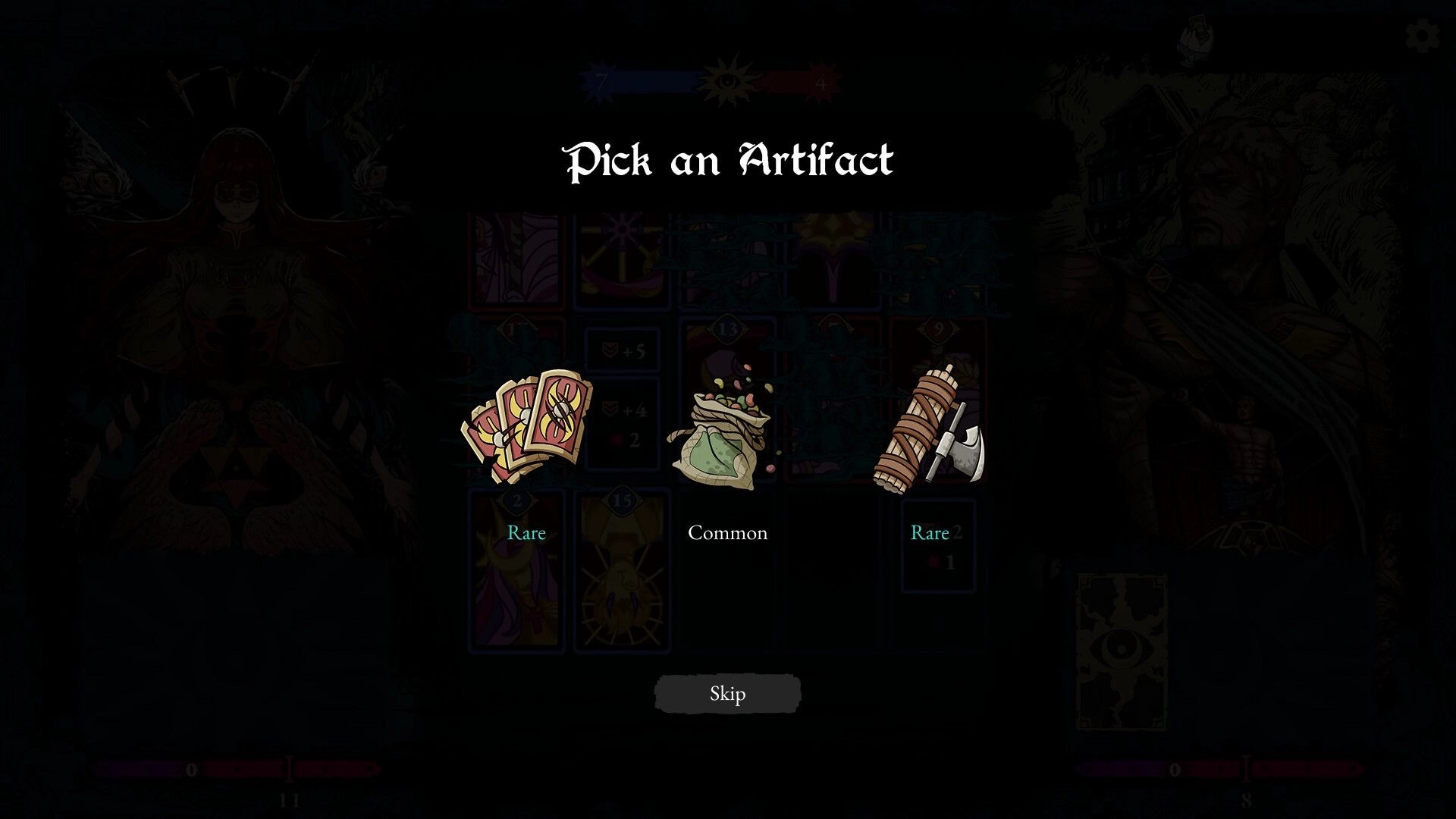 Beatrix: Pick an Artifact reward screen with three item icons and Skip button over board grid.