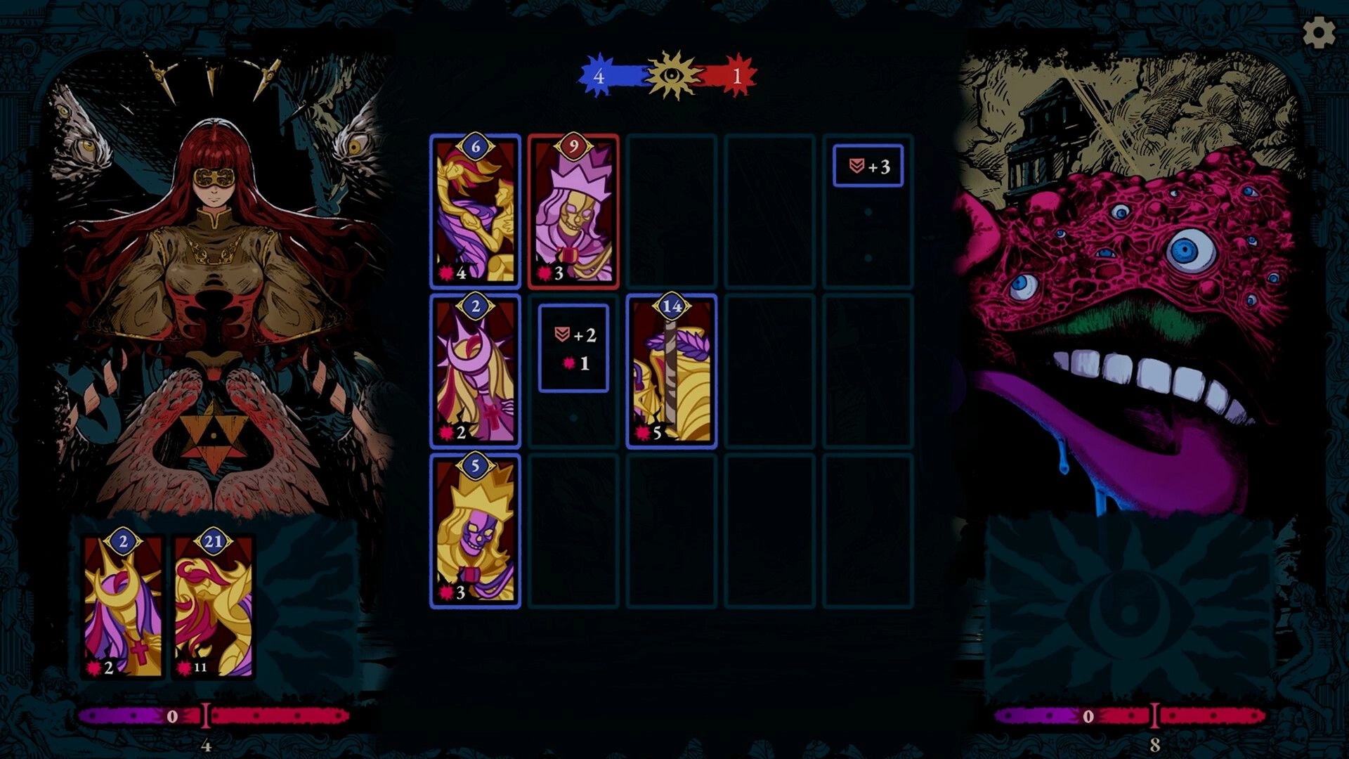 Beatrix: Card battle grid with four units placed, score 4–1, Hellish portraits framing UI.