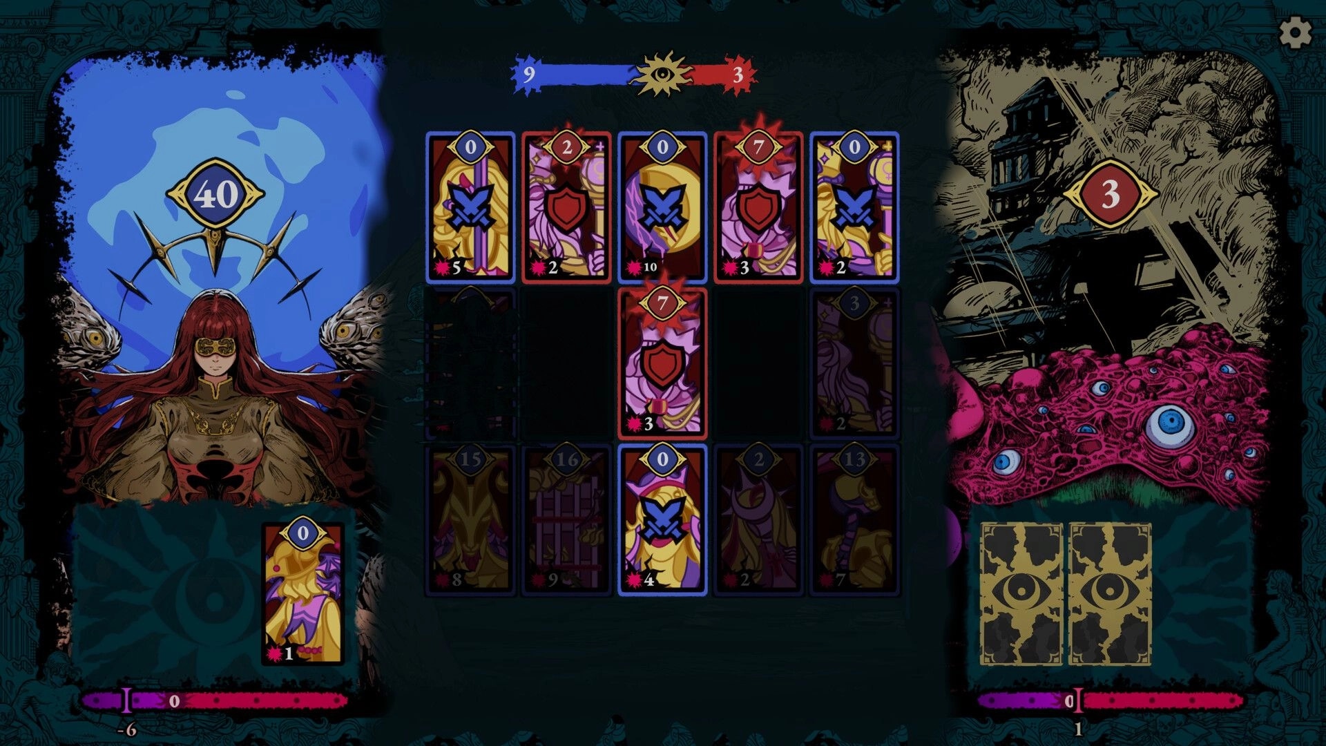 Beatrix: Card battle grid with attack and shield tiles, hero portrait vs eye-monster backdrop.