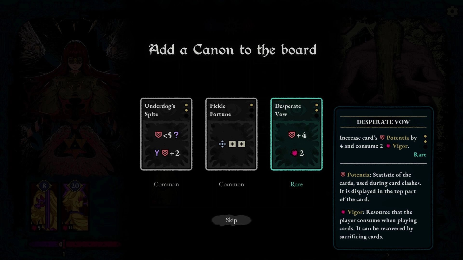 Beatrix: Add a Canon to the board screen with three card choices and Desperate Vow tooltip in Hell.