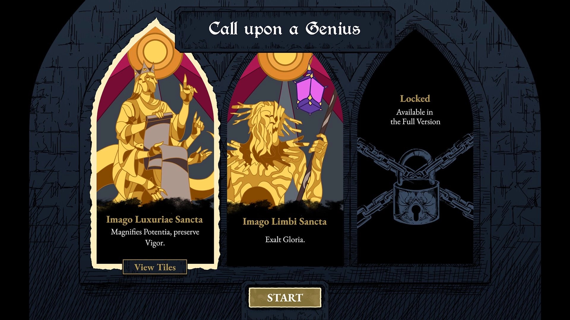 Beatrix: Call upon a Genius menu with two golden Imago cards and a locked slot in gothic arches.