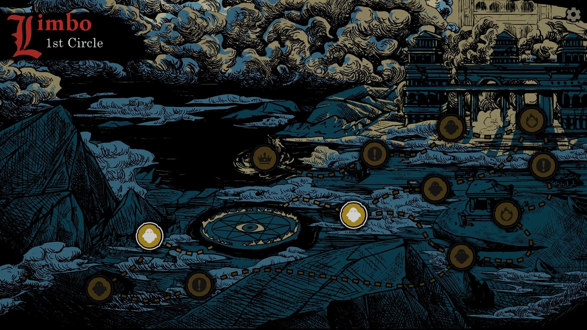 Beatrix: Limbo 1st Circle map with dotted paths and circular node icons over a dark landscape.