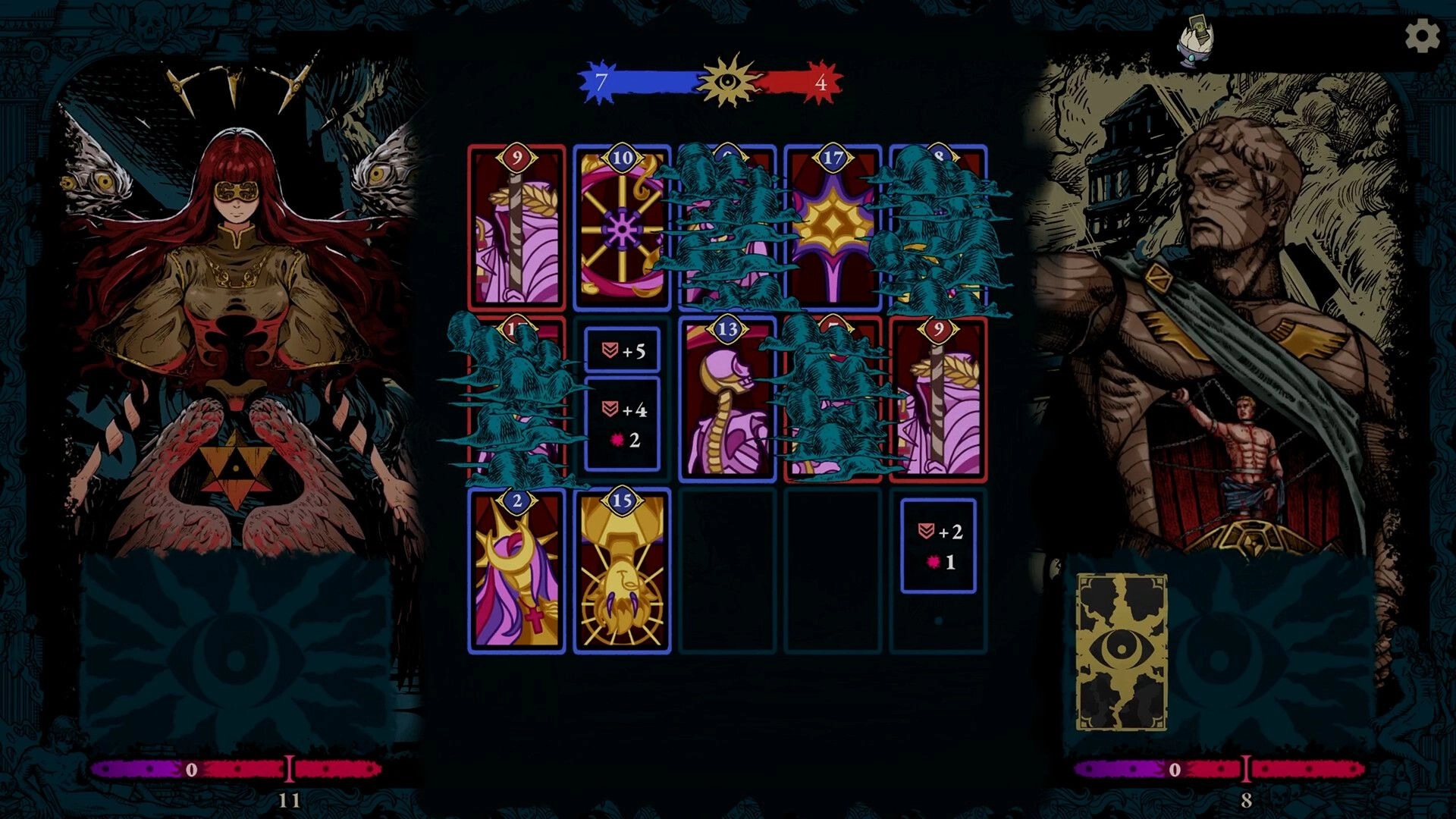 Beatrix: Card-grid battle with blue enemy swarms and score bar between two character portraits UI screen.