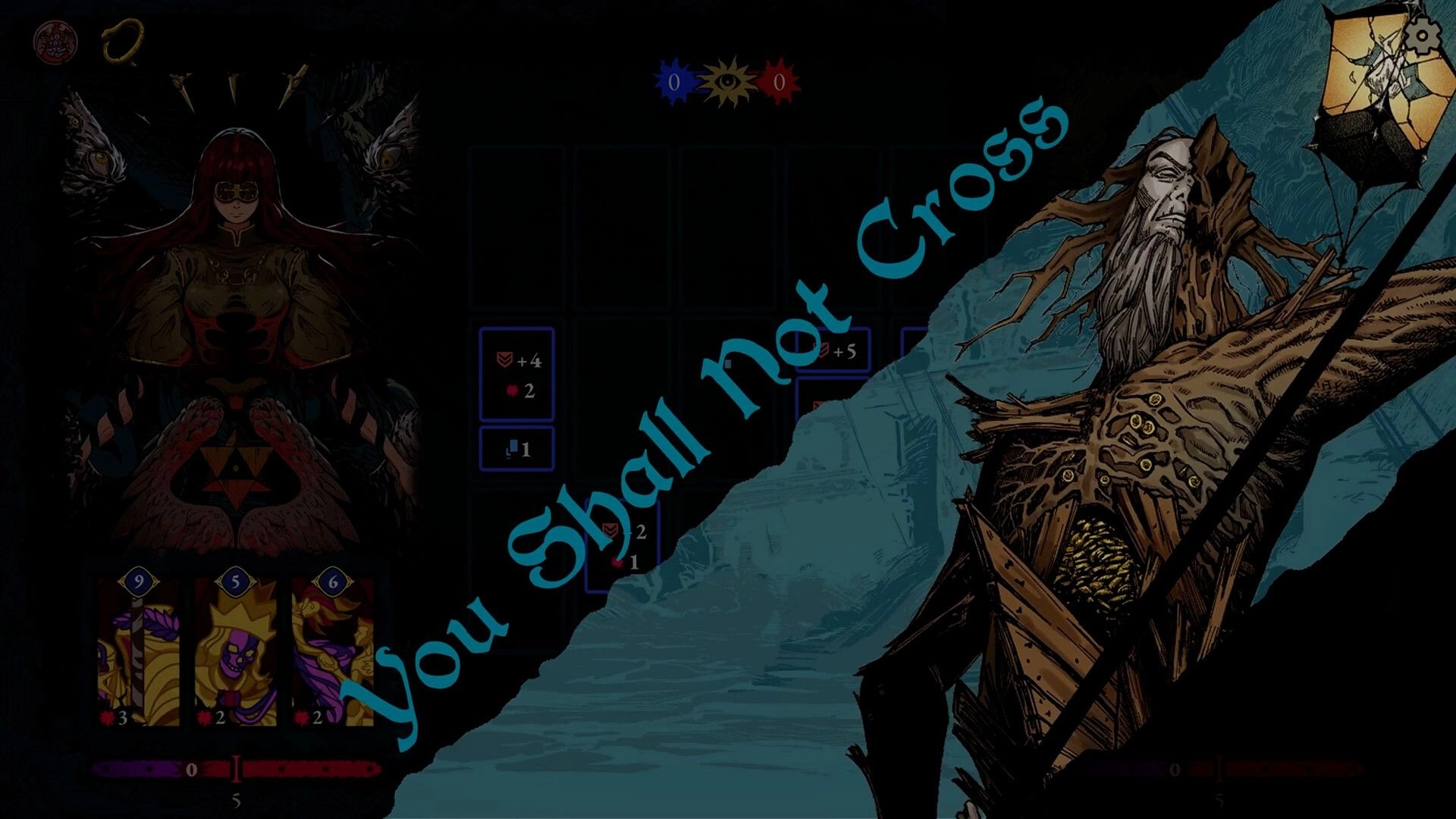 Beatrix: “You Shall Not Cross” overlay on battle grid UI with hero portrait and cards on left side.