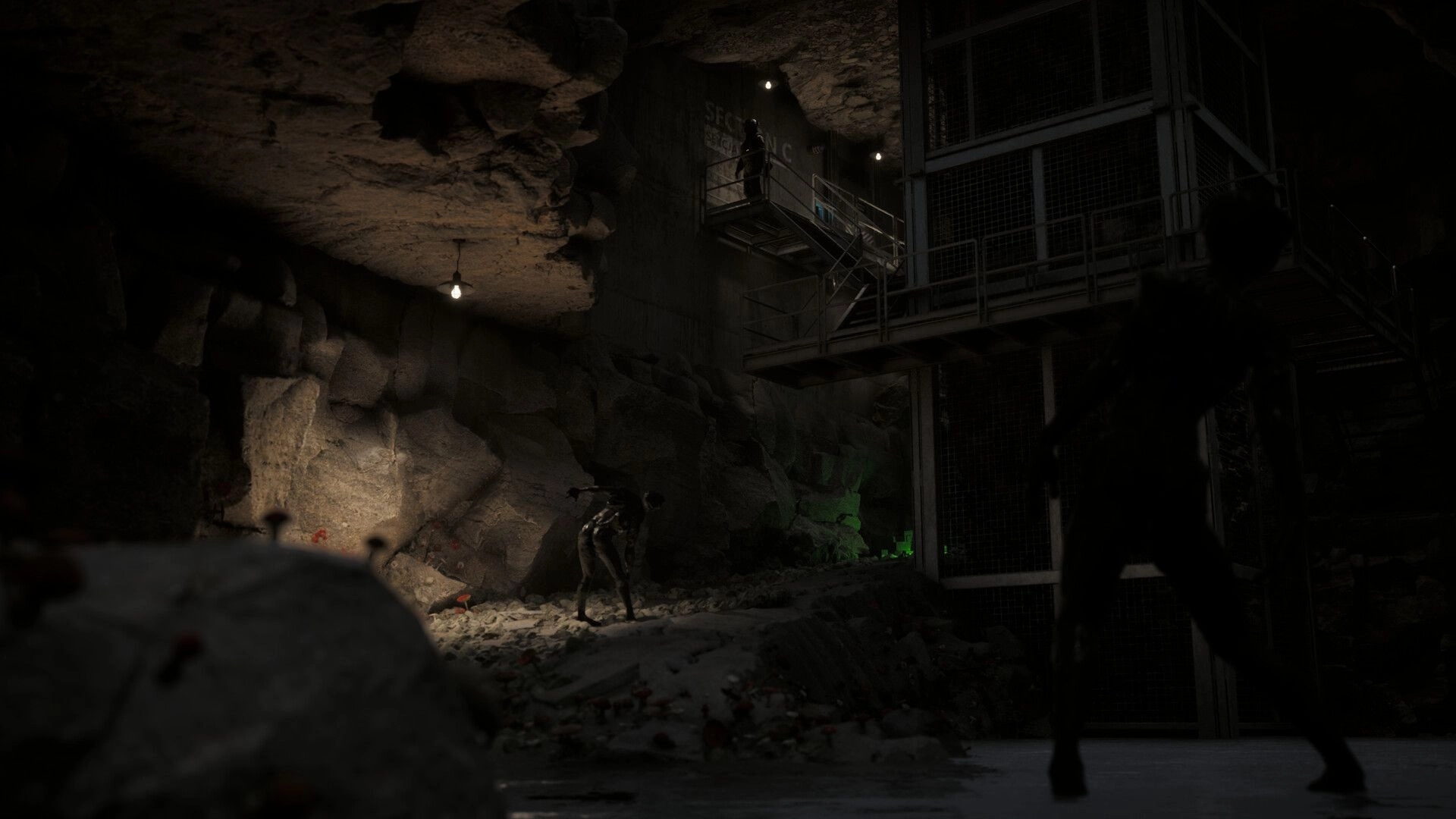 Beautiful Light: Dark cave with player character crouching near a platform and silhouetted creature nearby