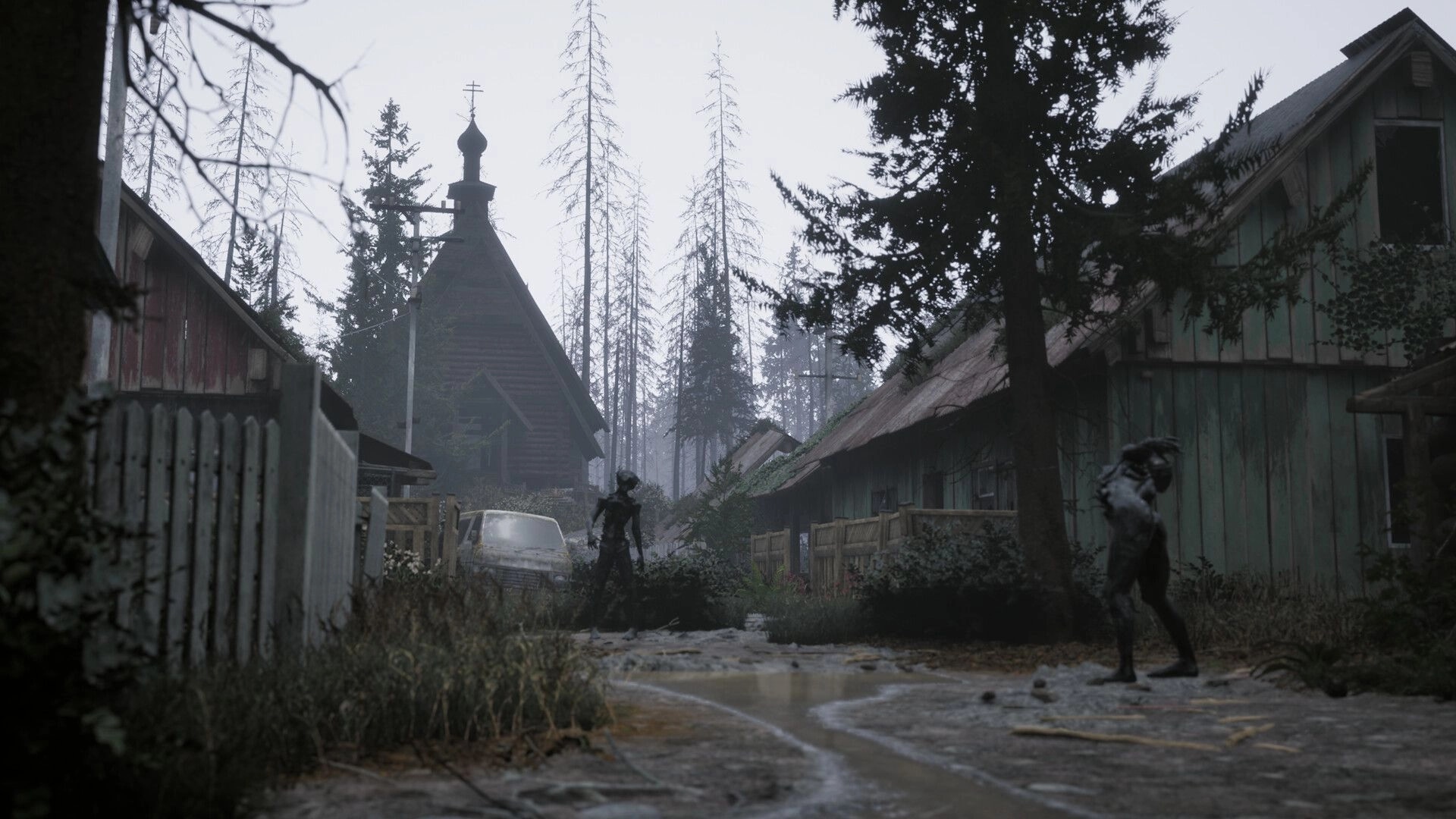 Beautiful Light: Two anomalies lurk in an eerie village with a church and abandoned car in the mist.
