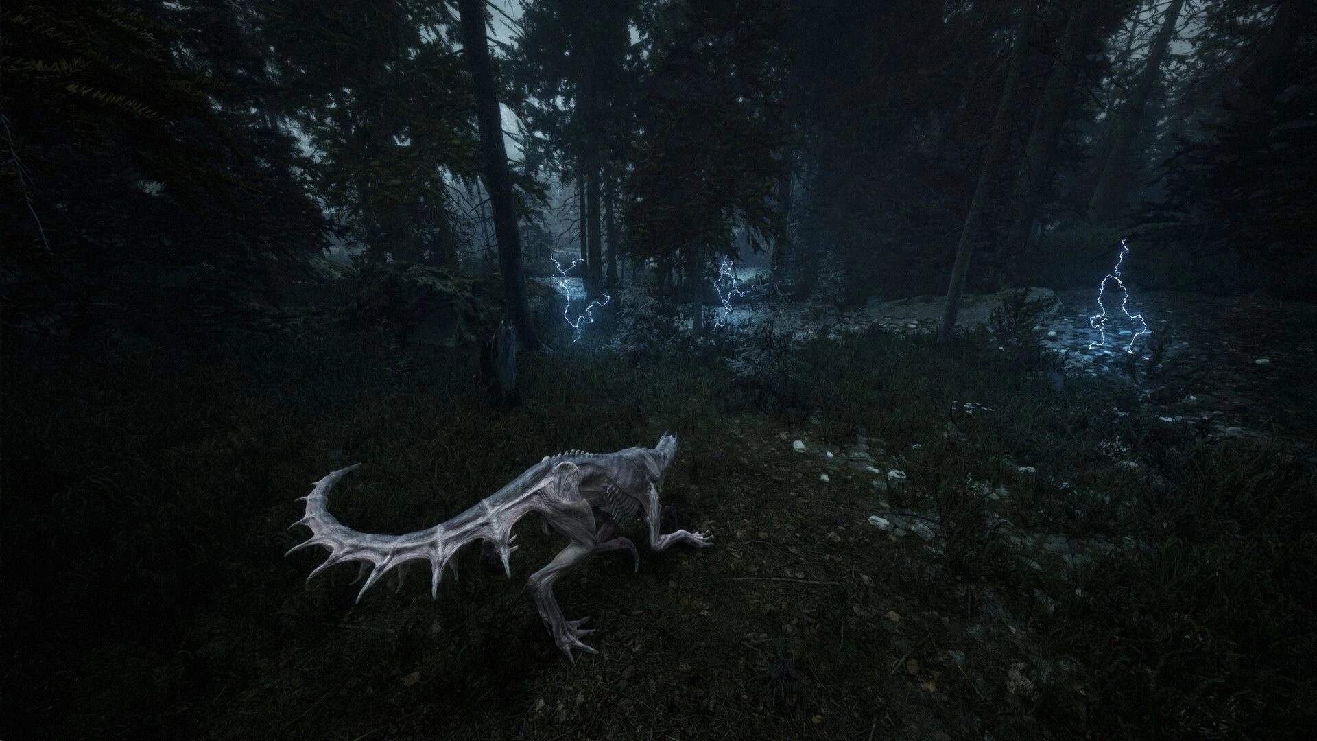 Beautiful Light: Creature prowling through dim forest with glowing anomalies amidst dense, eerie trees
