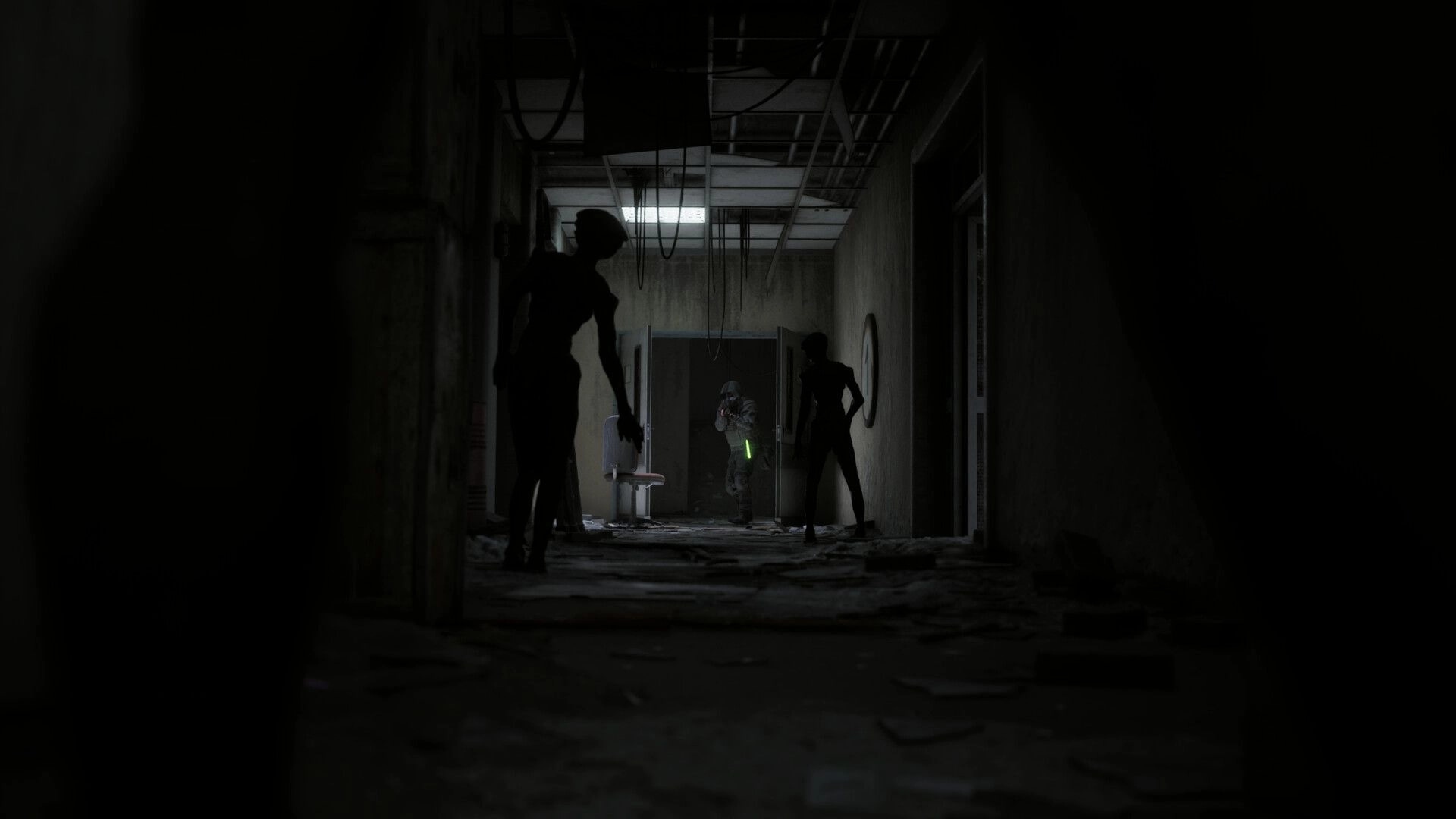 Beautiful Light: Operator cautiously advances through dark, debris-filled corridor with shadowy figures ahead