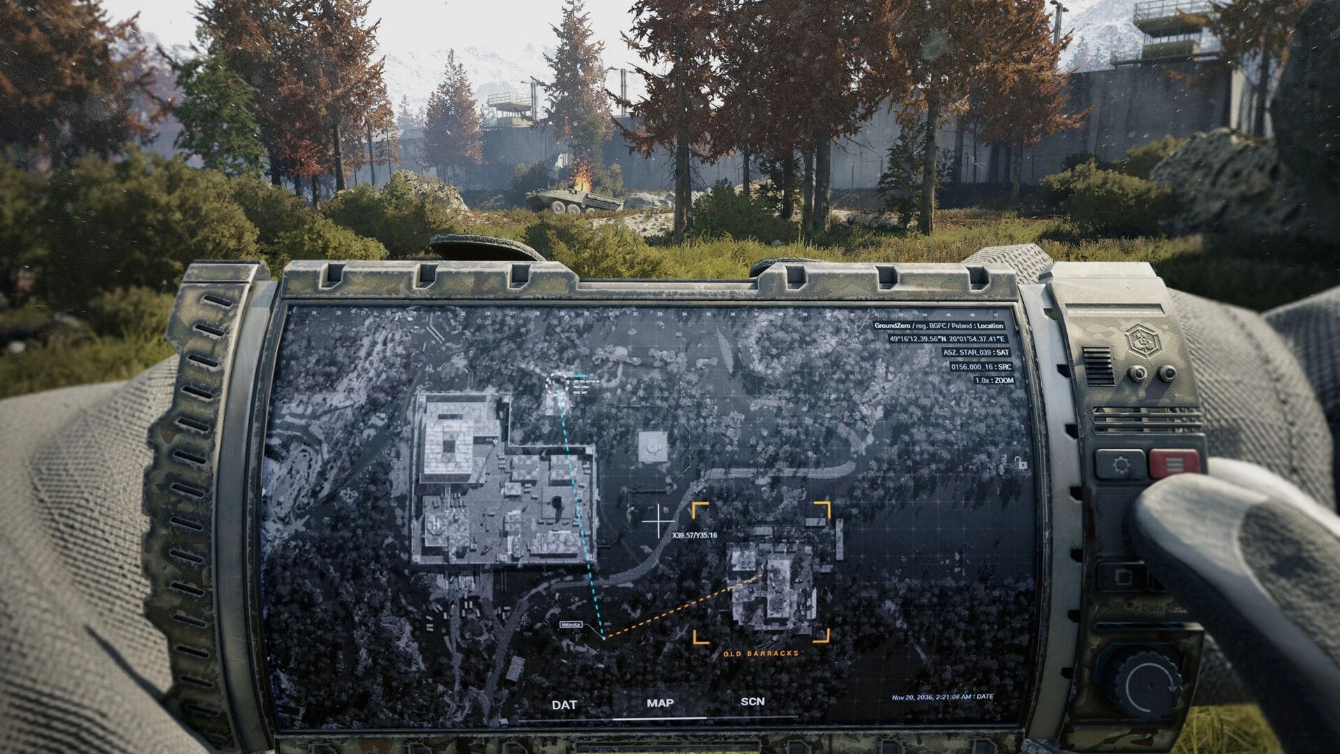 Beautiful Light: Tactical map interface on wrist device in a forest with distant burning vehicle visible
