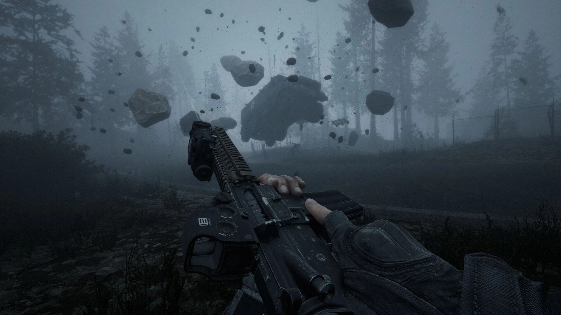 Beautiful Light: Operator aiming rifle in foggy forest as rocks and debris float ominously in mid-air