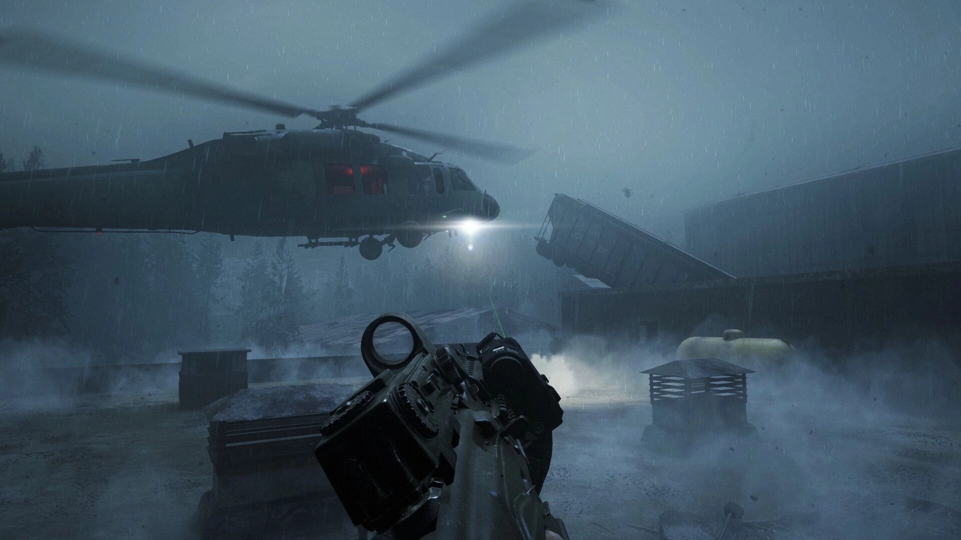 Beautiful Light: Helicopter extraction during stormy night in industrial area with fog and debris