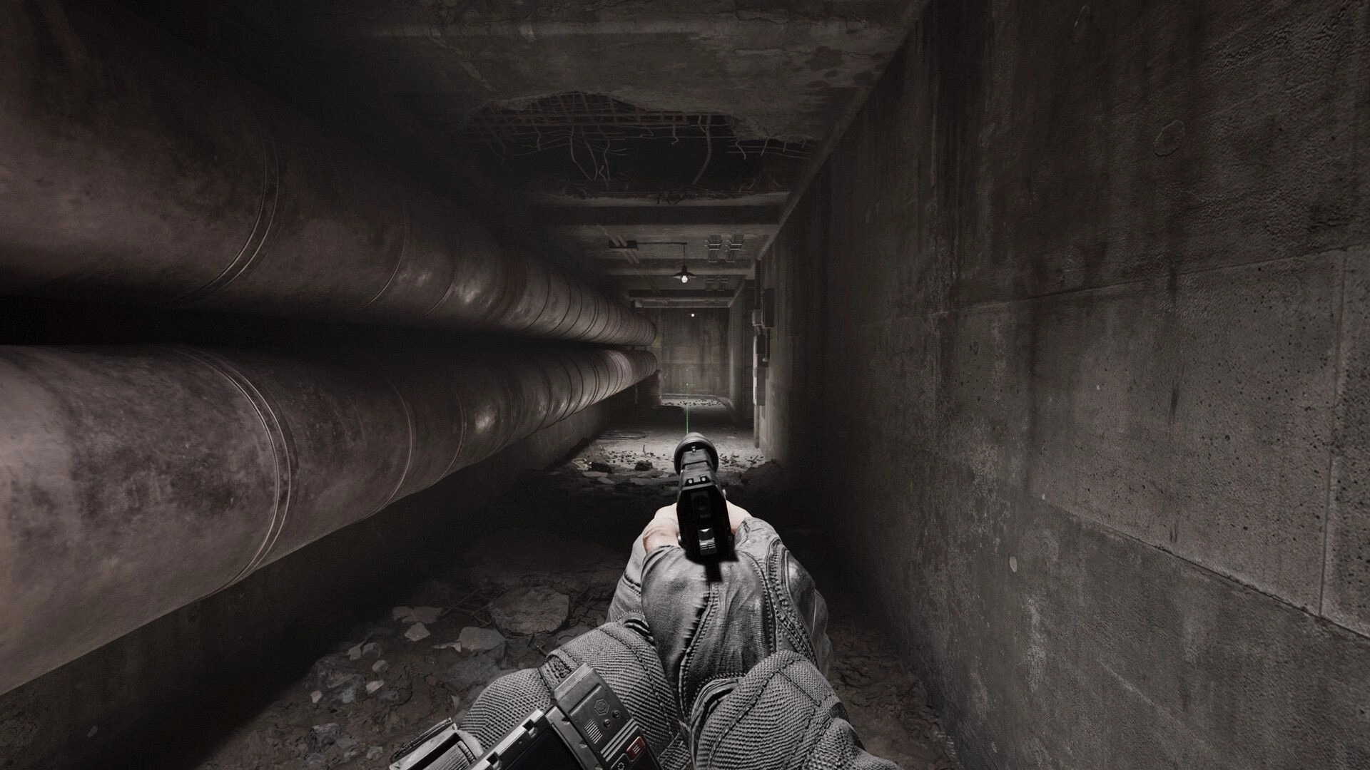 Beautiful Light: First-person view aiming a pistol down a dim, narrow corridor with exposed pipes.