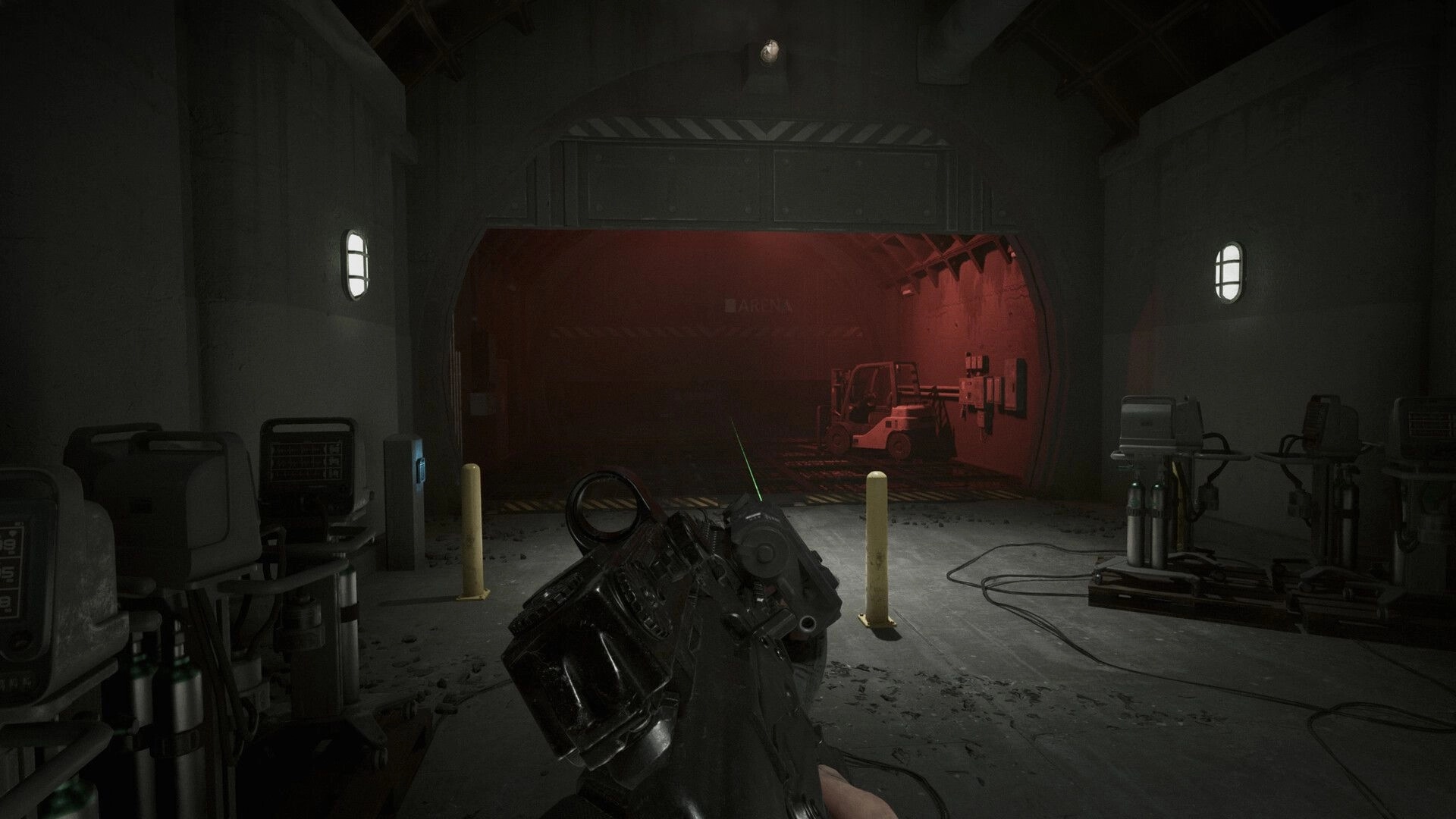 Beautiful Light: First-person view aiming a rifle in a dimly lit industrial tunnel with red lighting