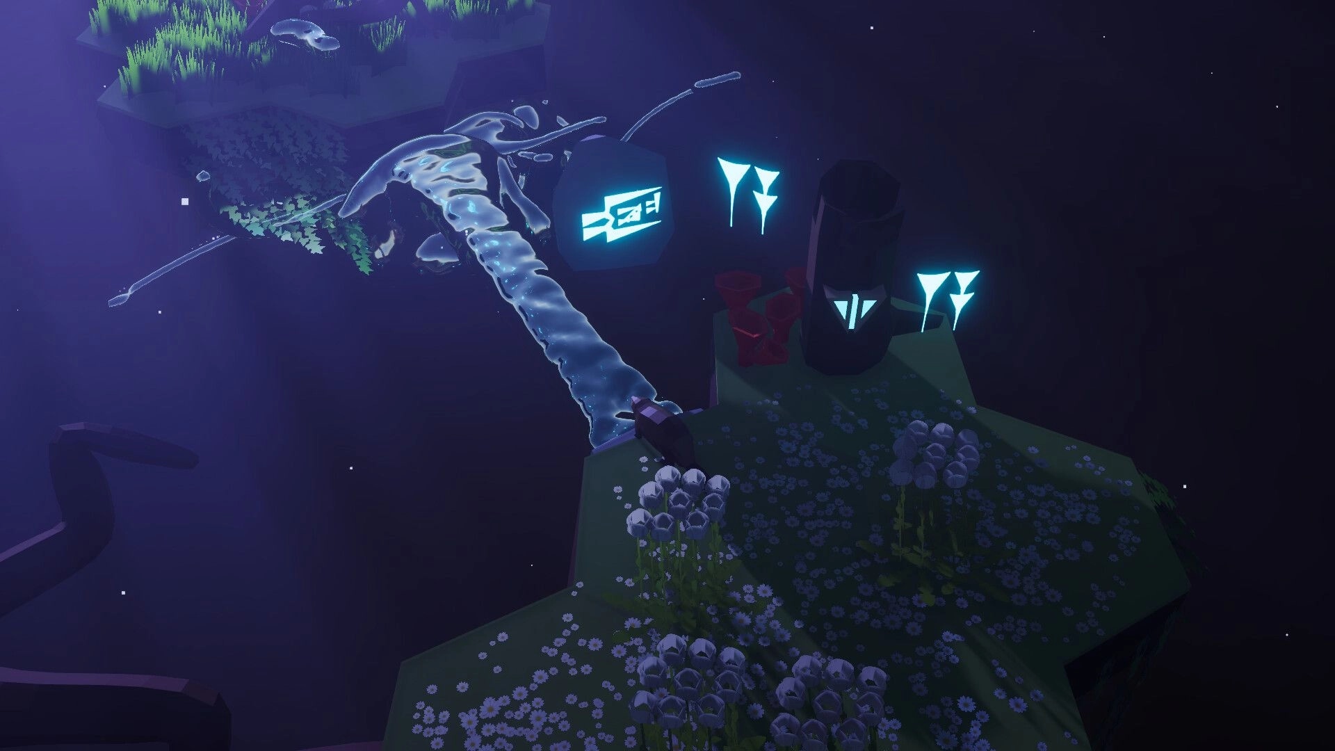 Beaver Creek: Beaver rides a water stream past glowing symbols and pillars on a dark floating island.