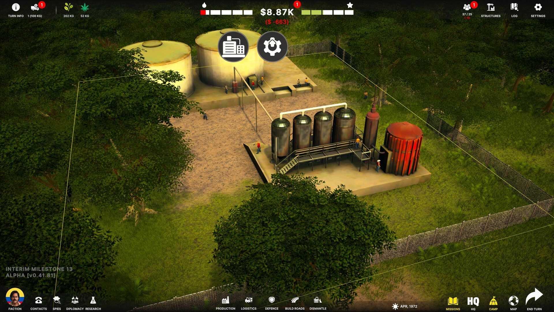 Becoming Pablo: Overseeing drug processing facility in a fenced forest clearing with strategic UI elements.