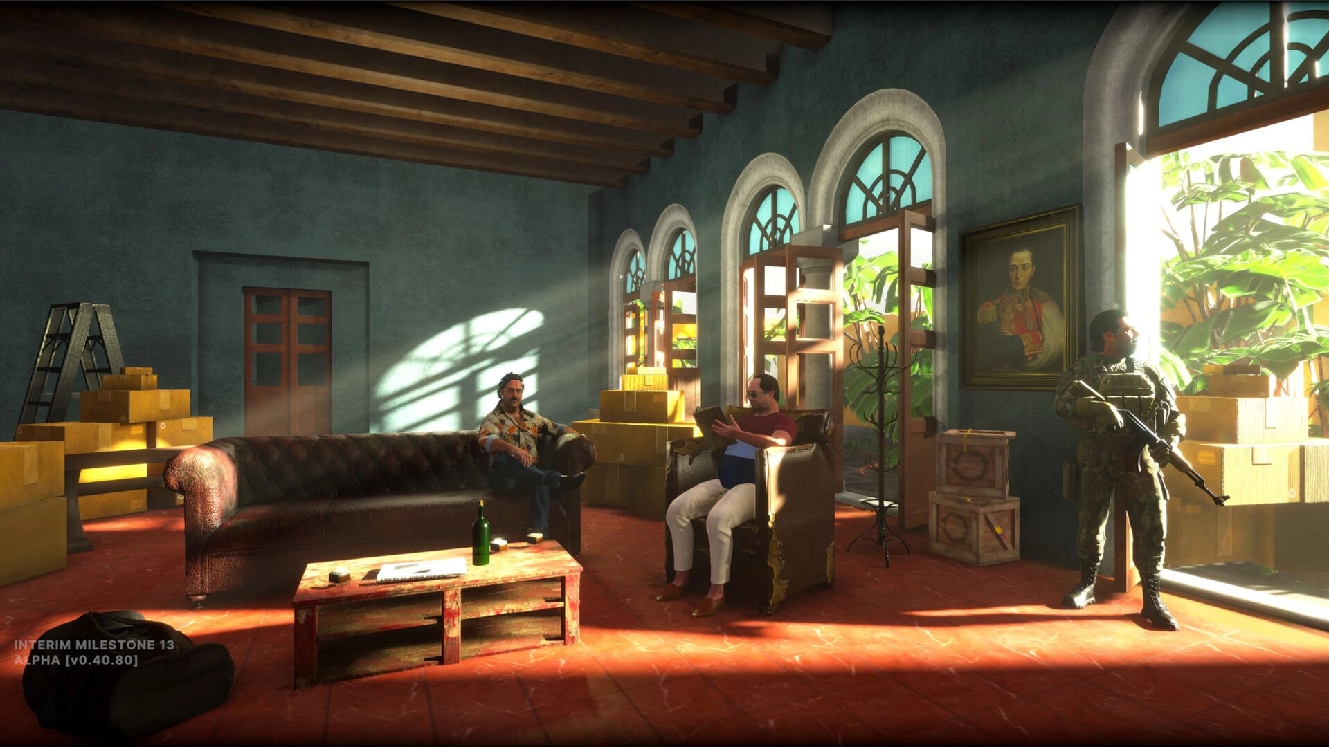 Becoming Pablo: Two men strategize in a sunlit room with armed guard and stacks of boxes