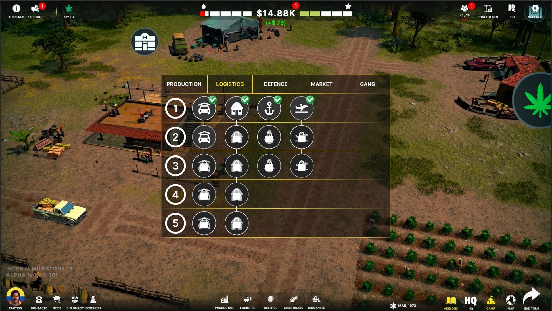 Becoming Pablo: Logistics menu open in a rural camp with vehicles, buildings, and drug fields visible