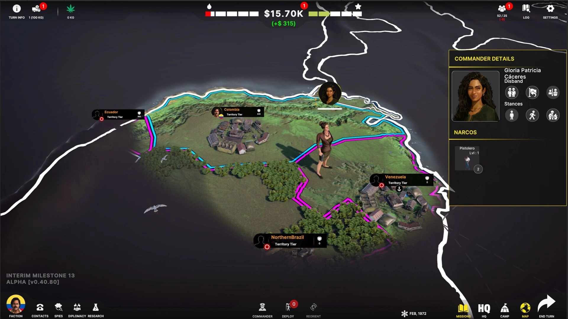 Becoming Pablo: Commander Gloria Patricia managing territories in South America on strategic map interface