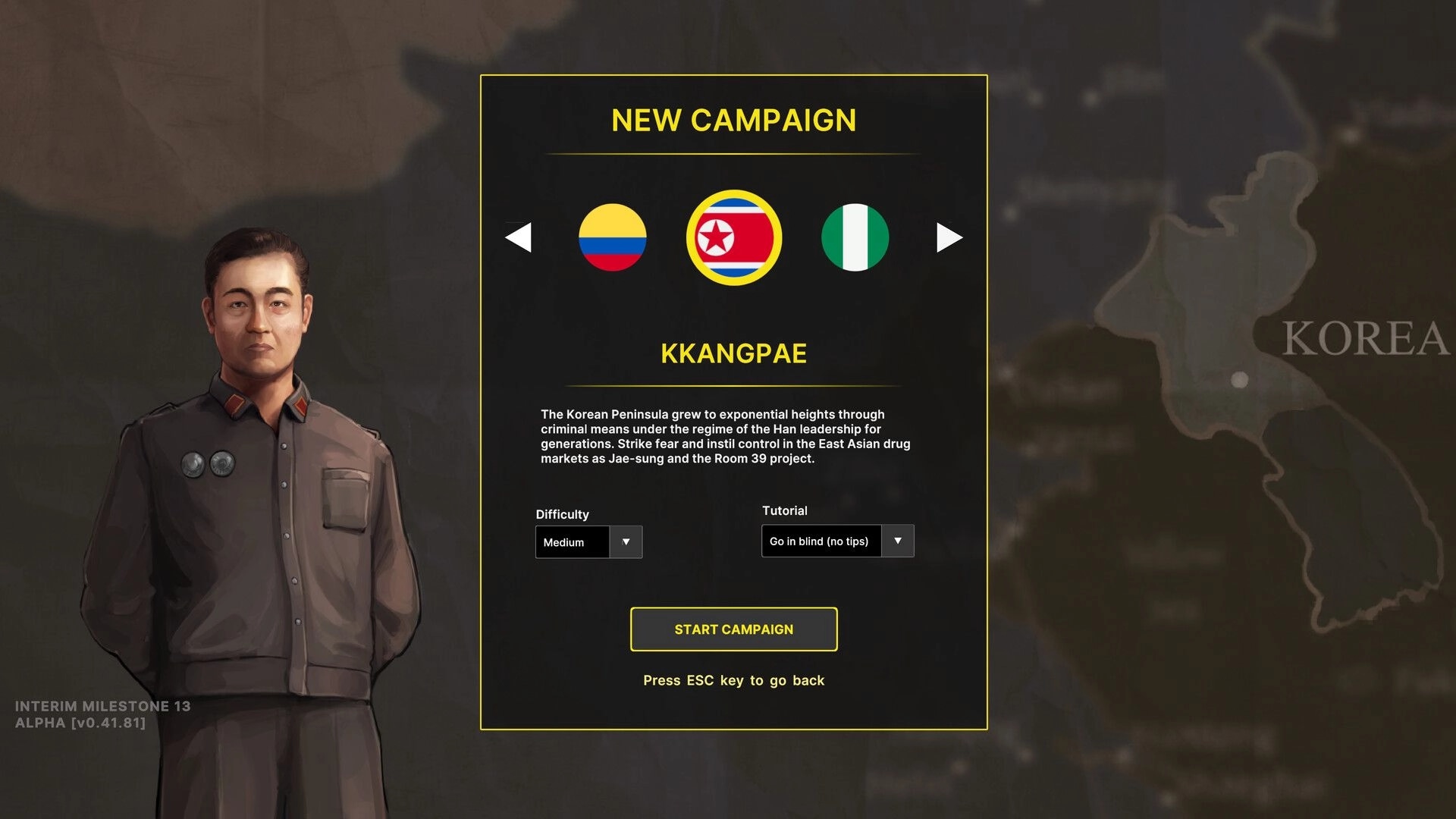 Becoming Pablo: Character selection screen with Umar Abedolah and options for new campaign setup