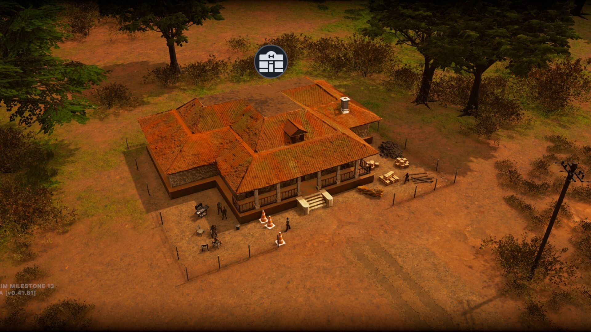 Becoming Pablo: Overhead view of a rural compound with characters and supplies in a forested environment