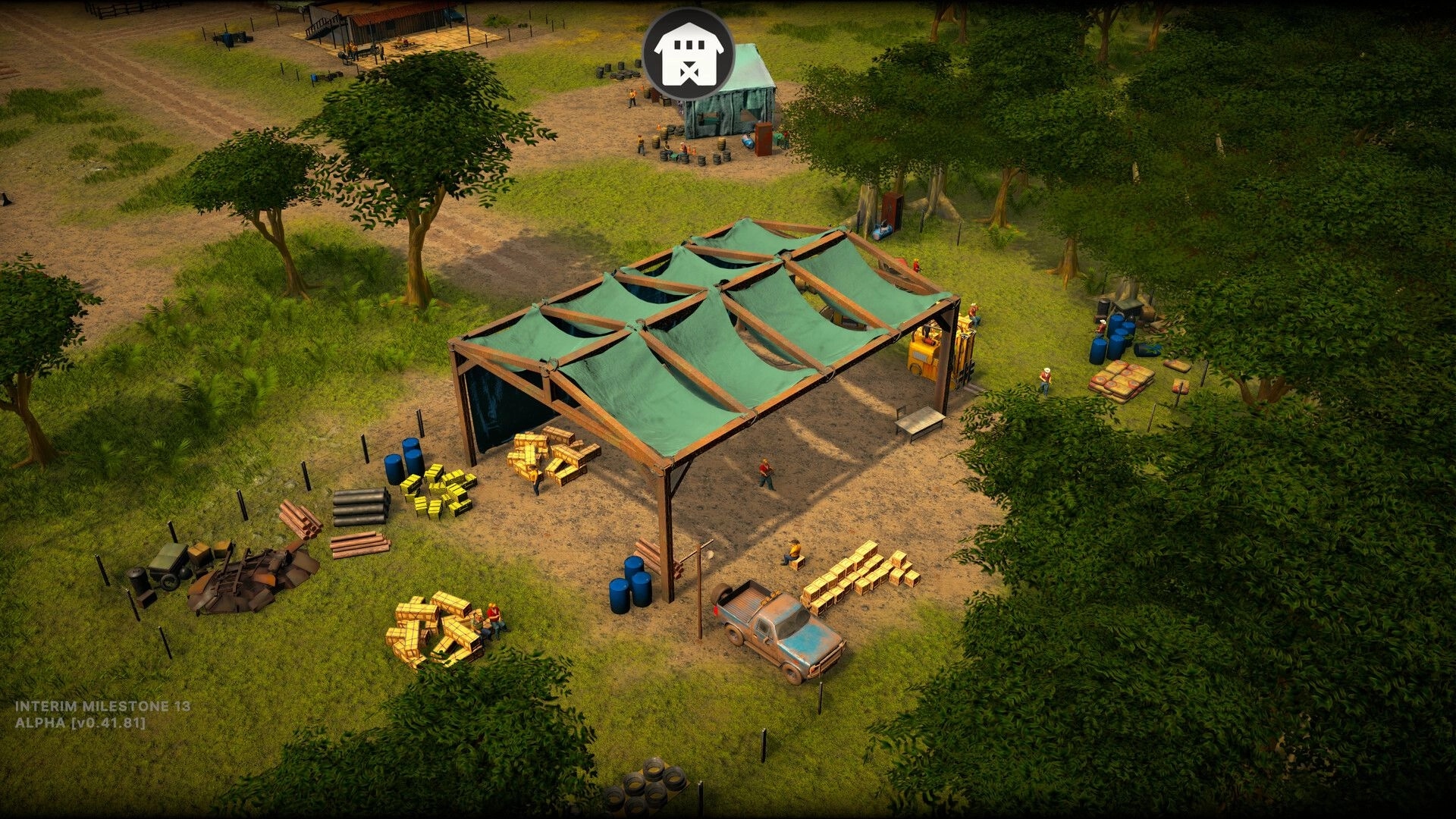 Becoming Pablo: Warehouse operations in a jungle setting with workers managing crates and supplies.