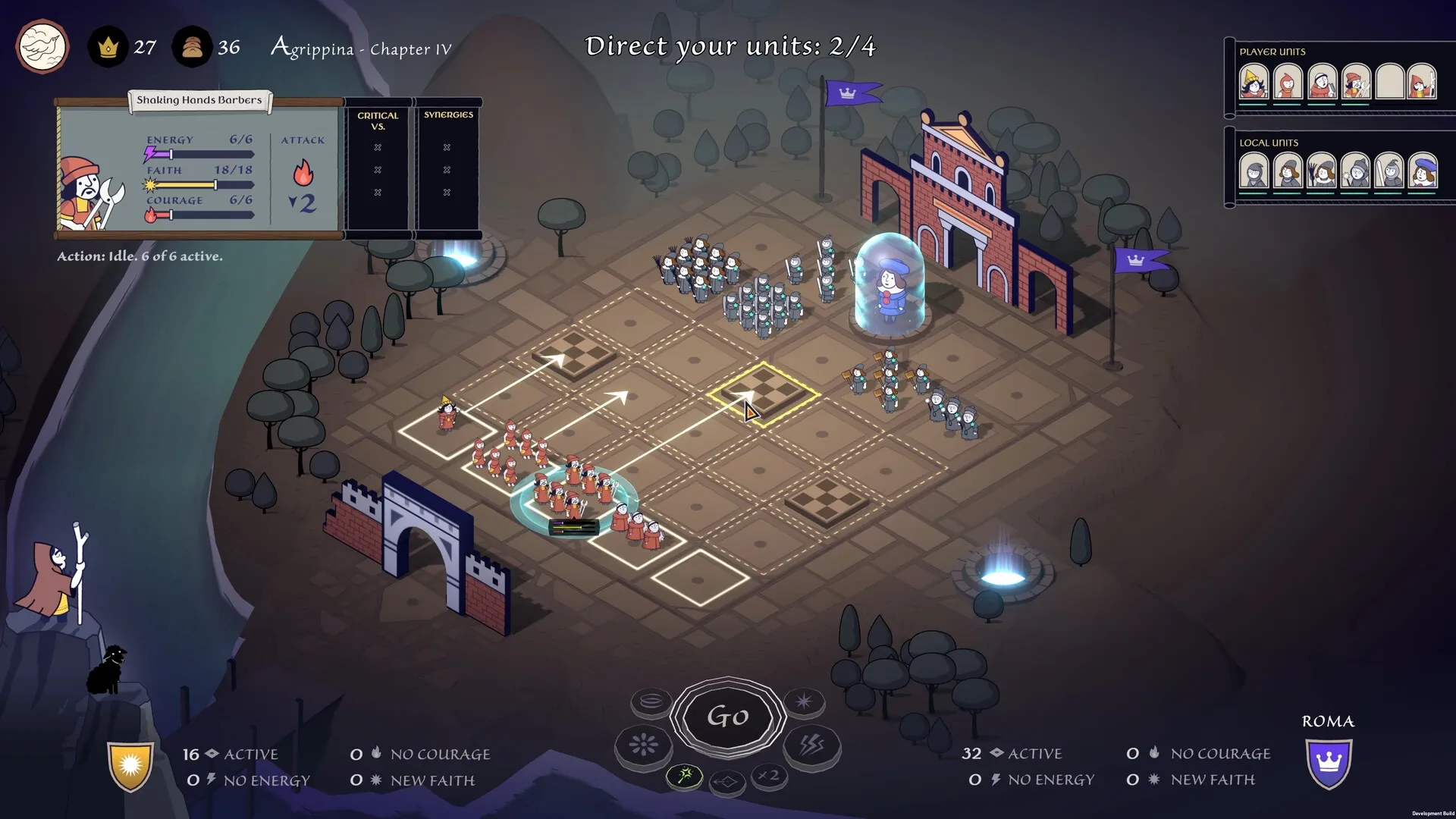 Becoming Saint: Directing units on strategic grid map in medieval Italian town with UI elements visible