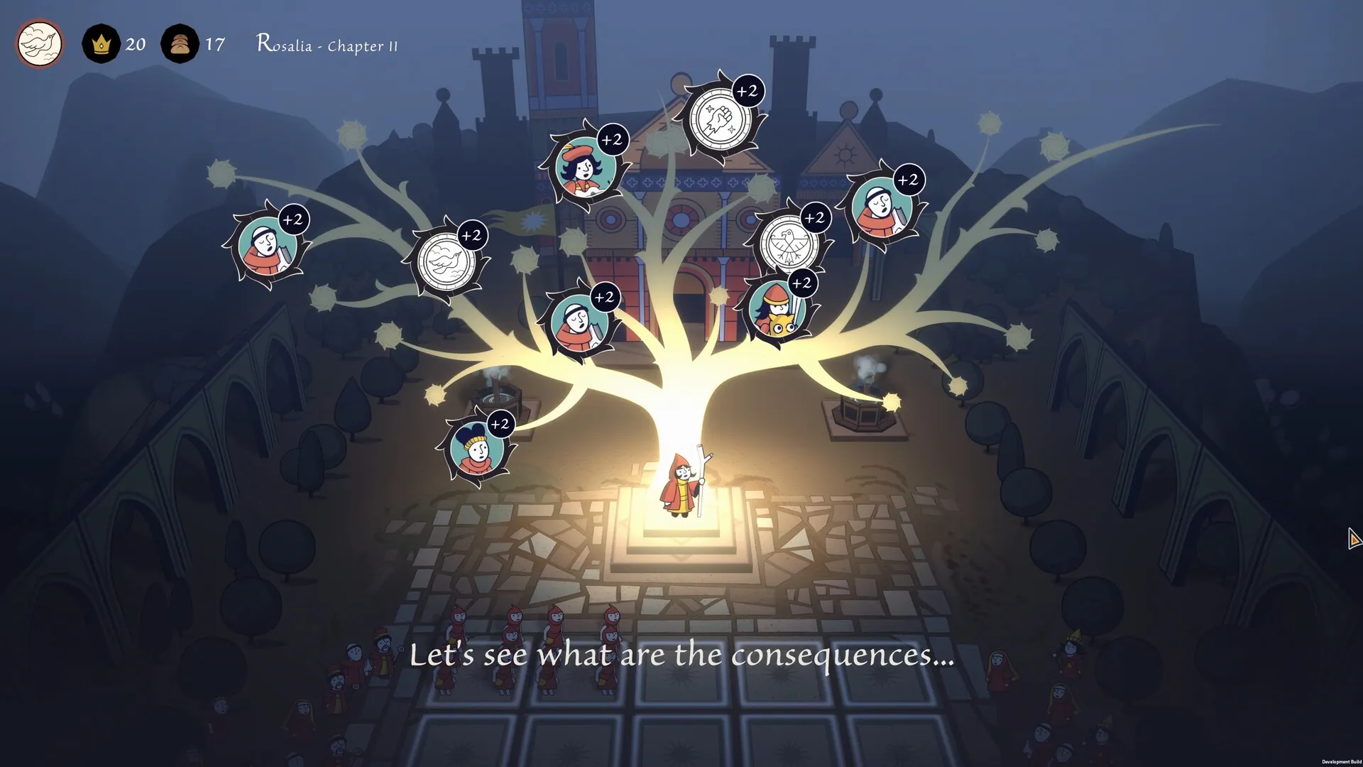 Becoming Saint: Character under glowing tree with icons, chapter title "Rosalia" shown in medieval town.