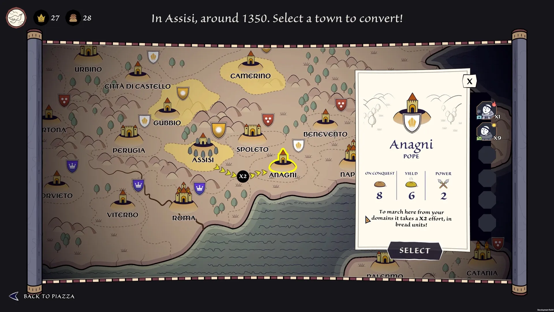 Becoming Saint: Map selection screen with Anagni town stats, conquest, yield, and power details shown.