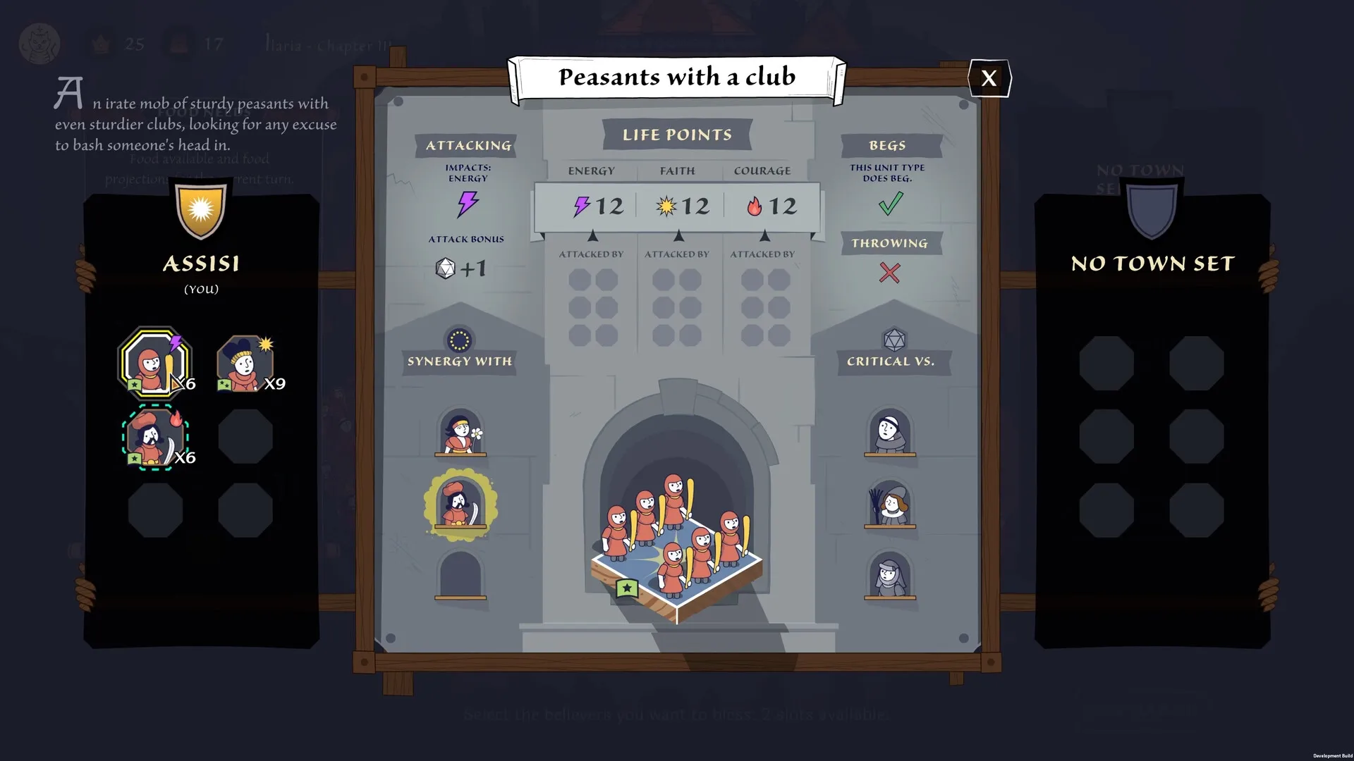 Becoming Saint: Peasants with clubs stats displayed in the unit management screen of medieval Italy.