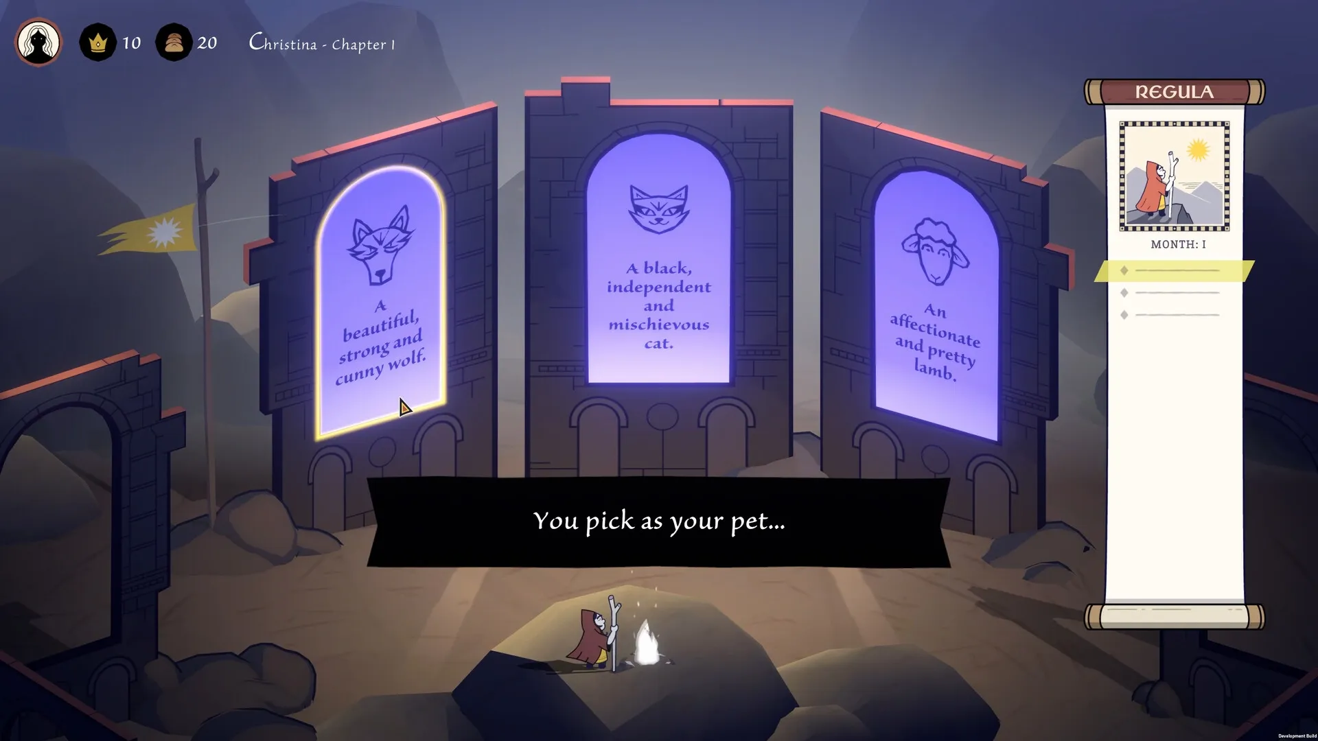 Becoming Saint: Pet selection screen showing wolf, cat, and lamb options in a mystical setting