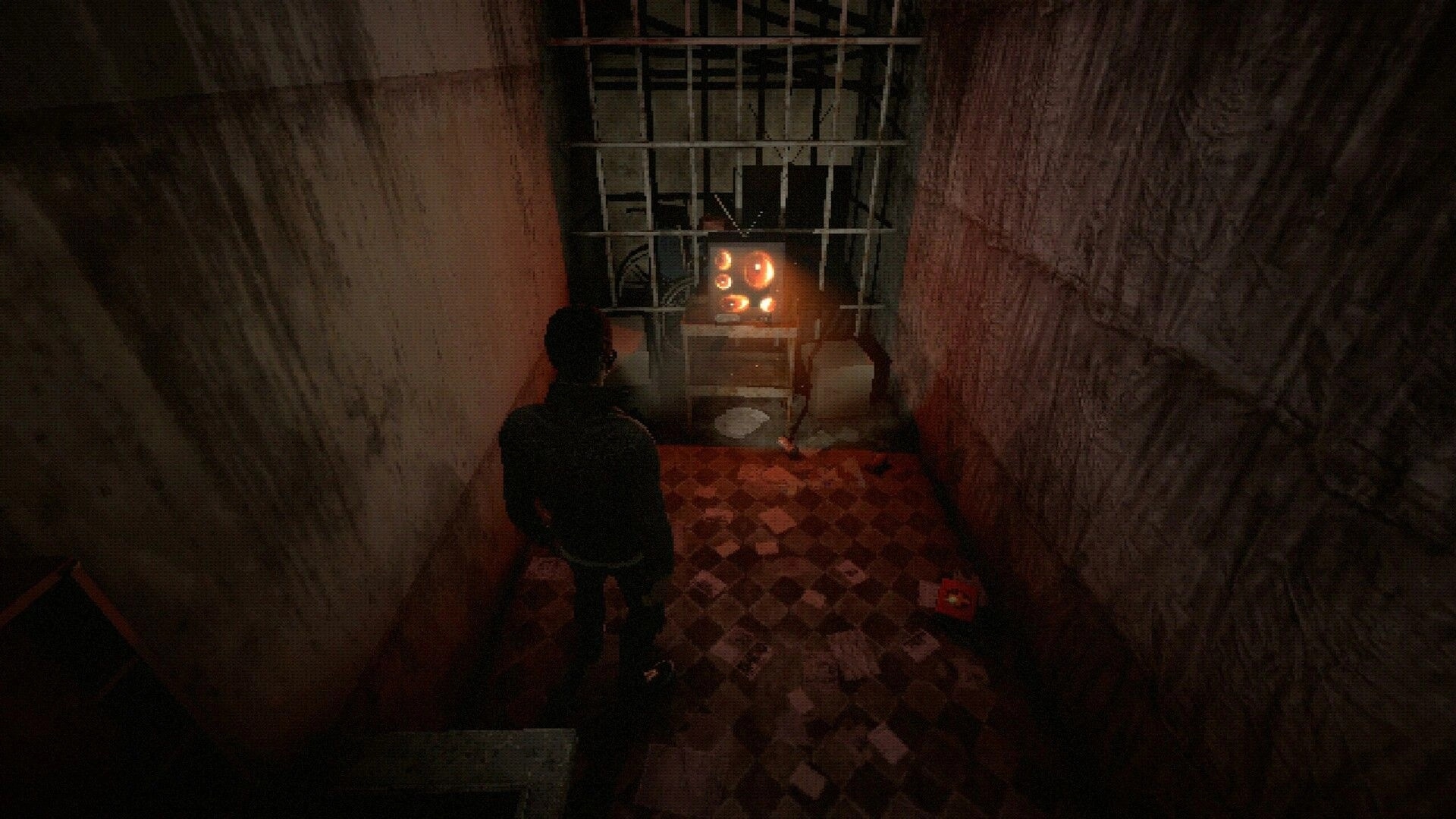 BECROWNED: Character in dim hallway facing a mysterious glowing device with barred windows above