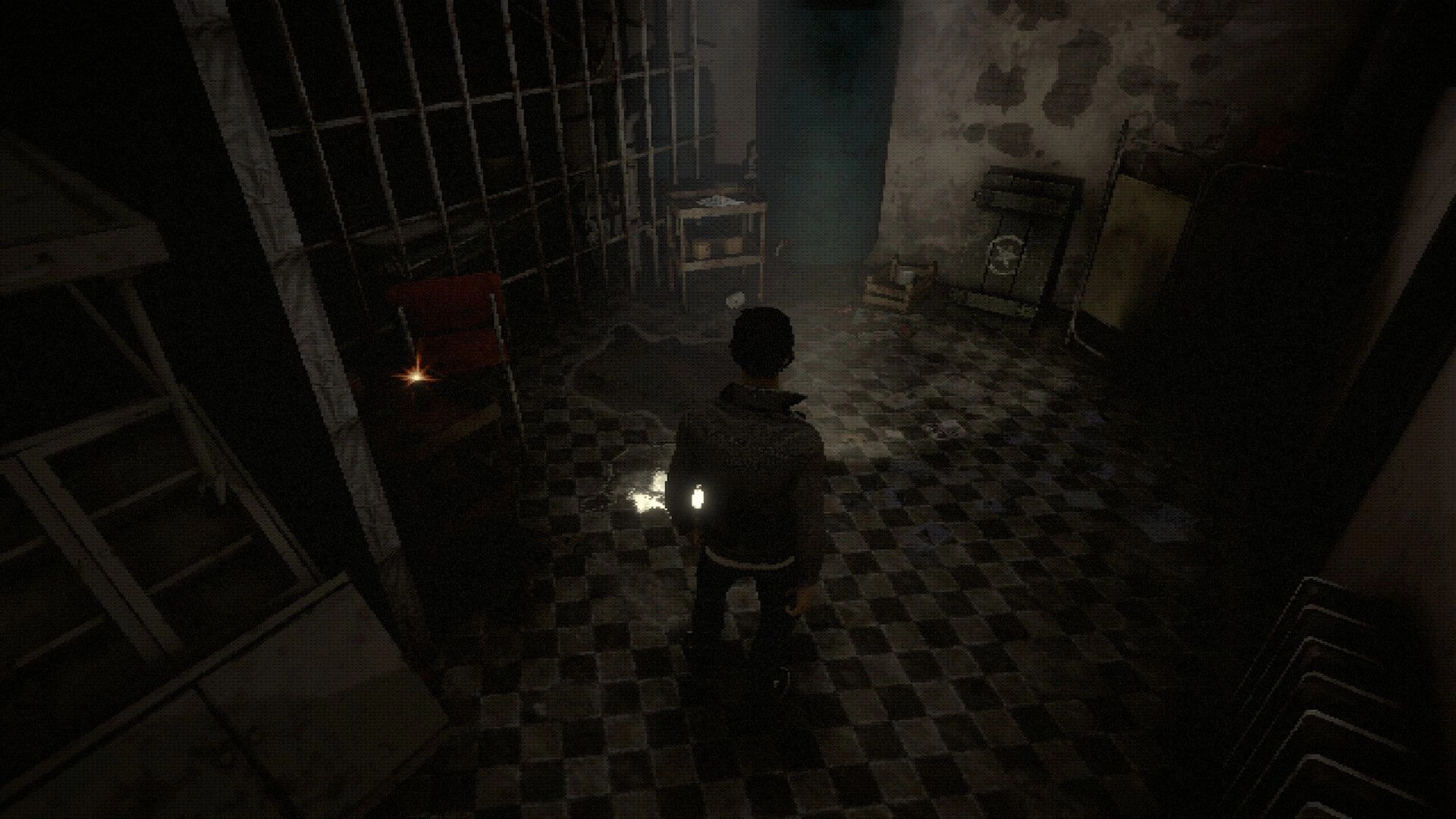 BECROWNED: Character explores dimly lit, cluttered room with checkered floor and glowing item in corner.