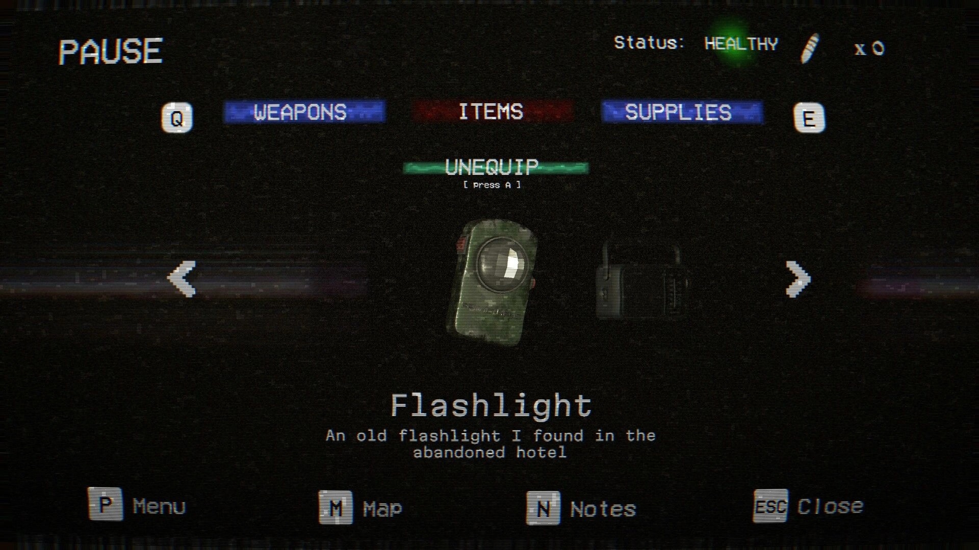 BECROWNED: Inventory screen showing flashlight description in the pause menu of the survival horror game.
