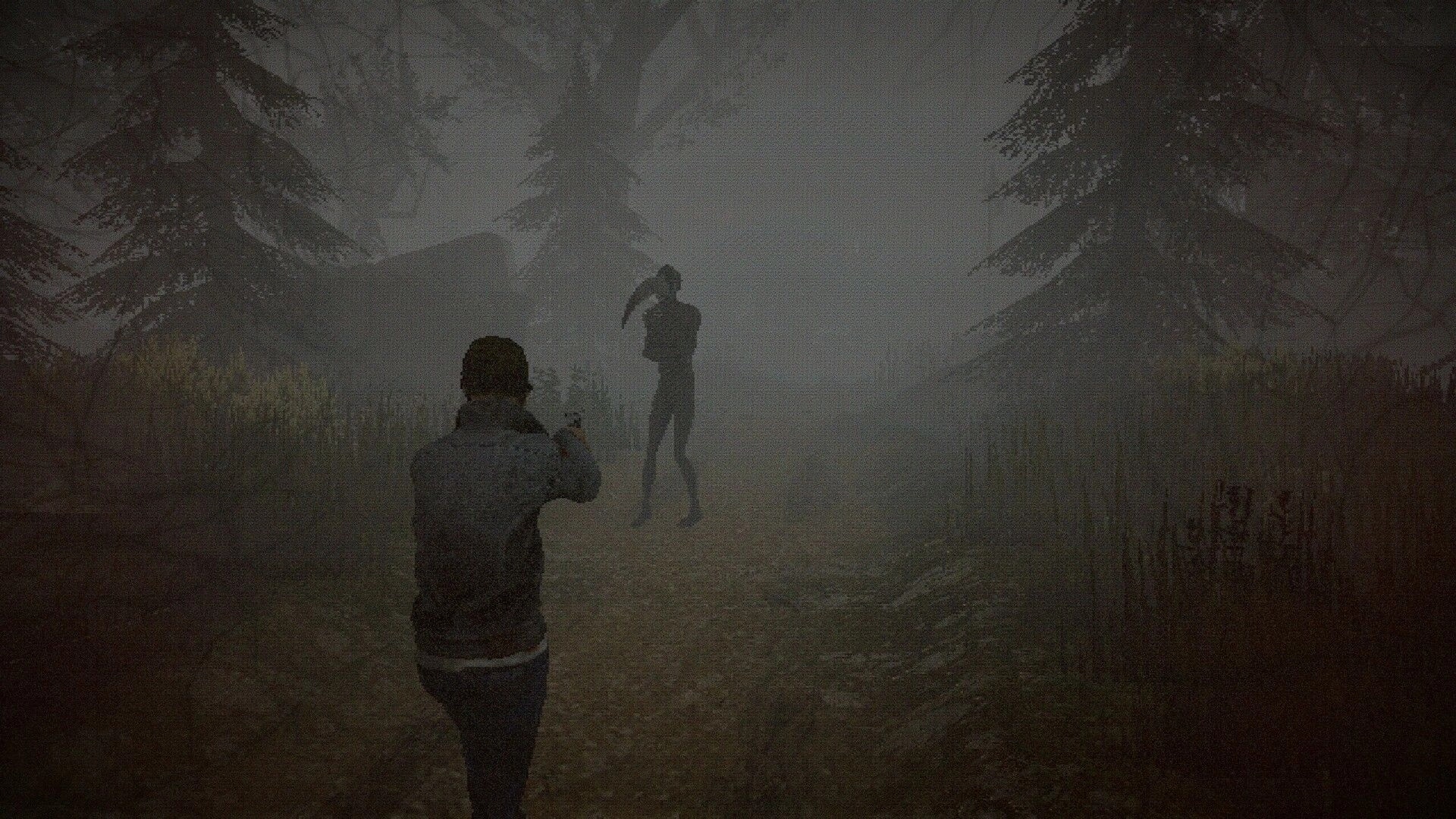 BECROWNED: Player confronts shadowy creature on foggy forest path, aiming weapon in tense standoff.