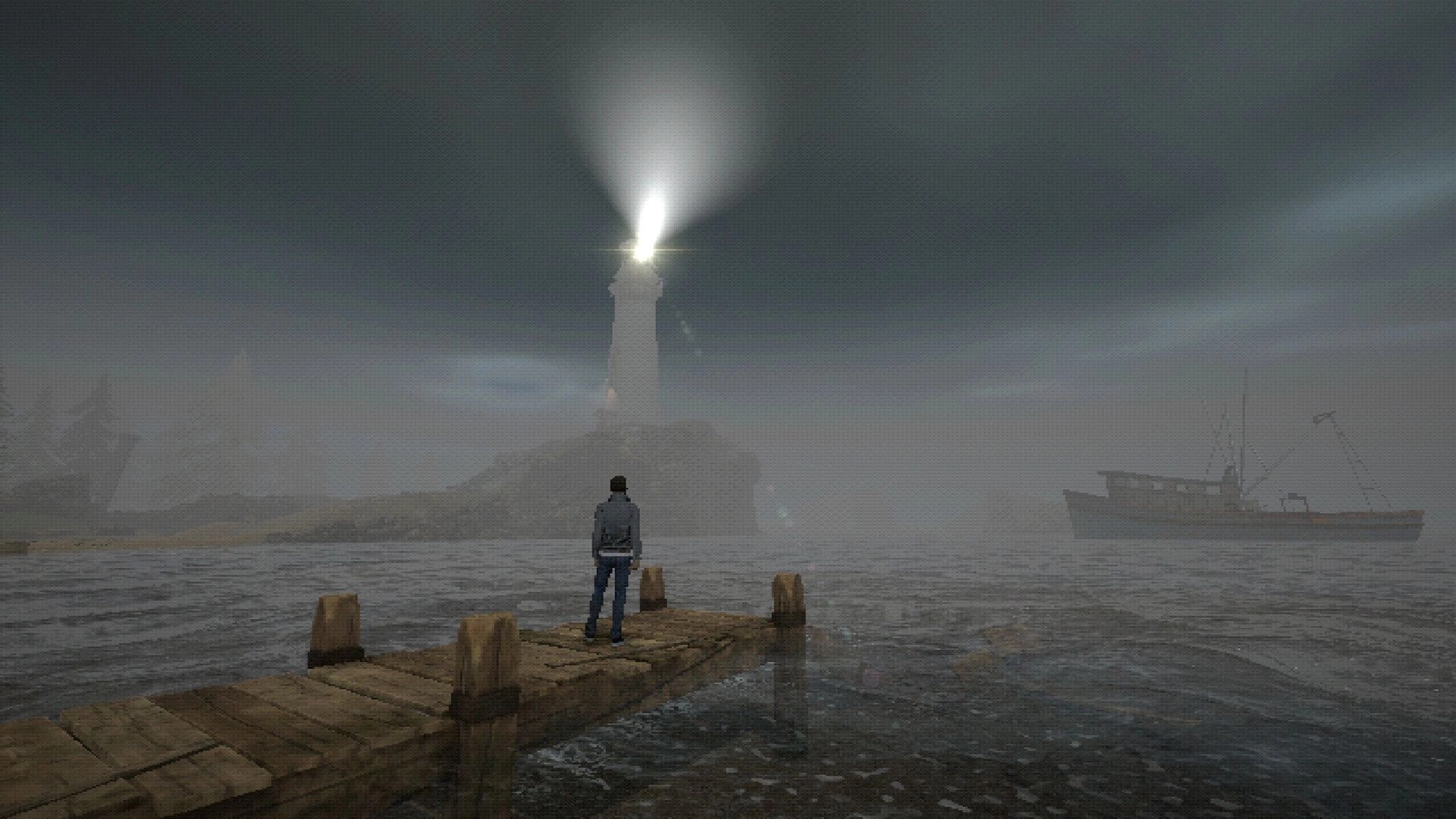 BECROWNED: Character stands on dock facing a lighthouse in foggy, eerie coastal environment