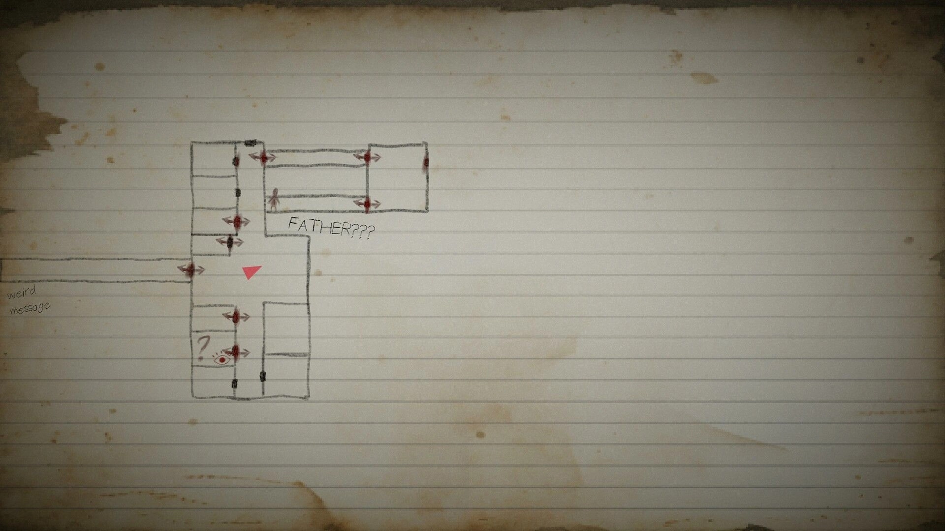 BECROWNED: Hand-drawn map with arrows, "FATHER???" text, and a red triangle in an ancient kingdom ruin.