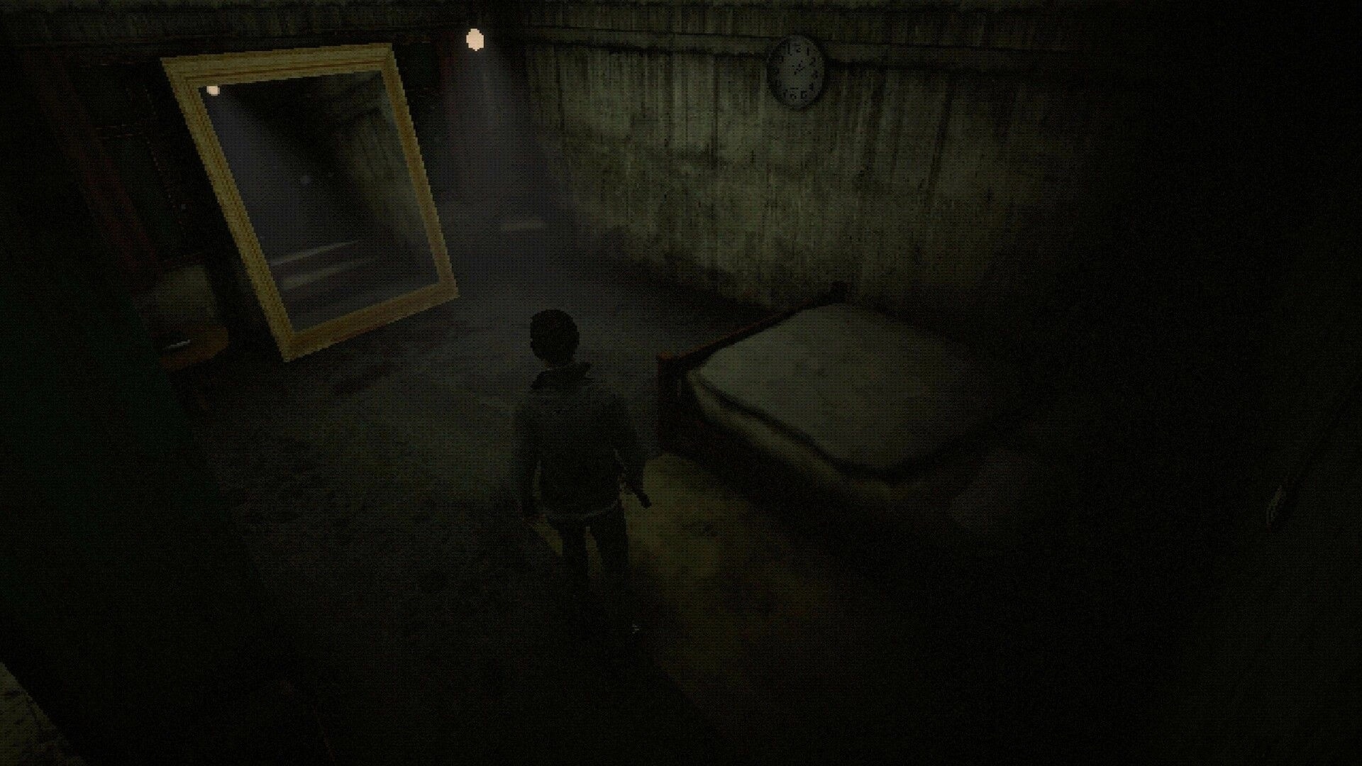 BECROWNED: Player exploring dimly lit room with large mirror and bed, clock on wall indicating time.
