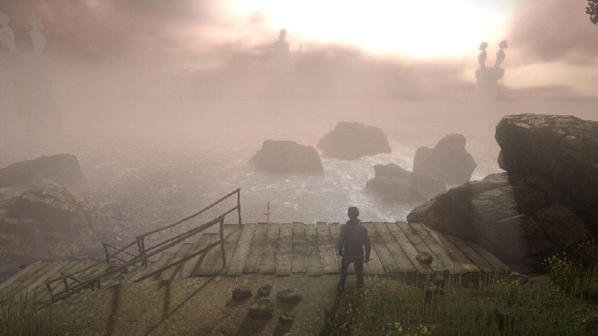 BECROWNED: Player stands on wooden pier overlooking foggy sea with distant statues in the mist.