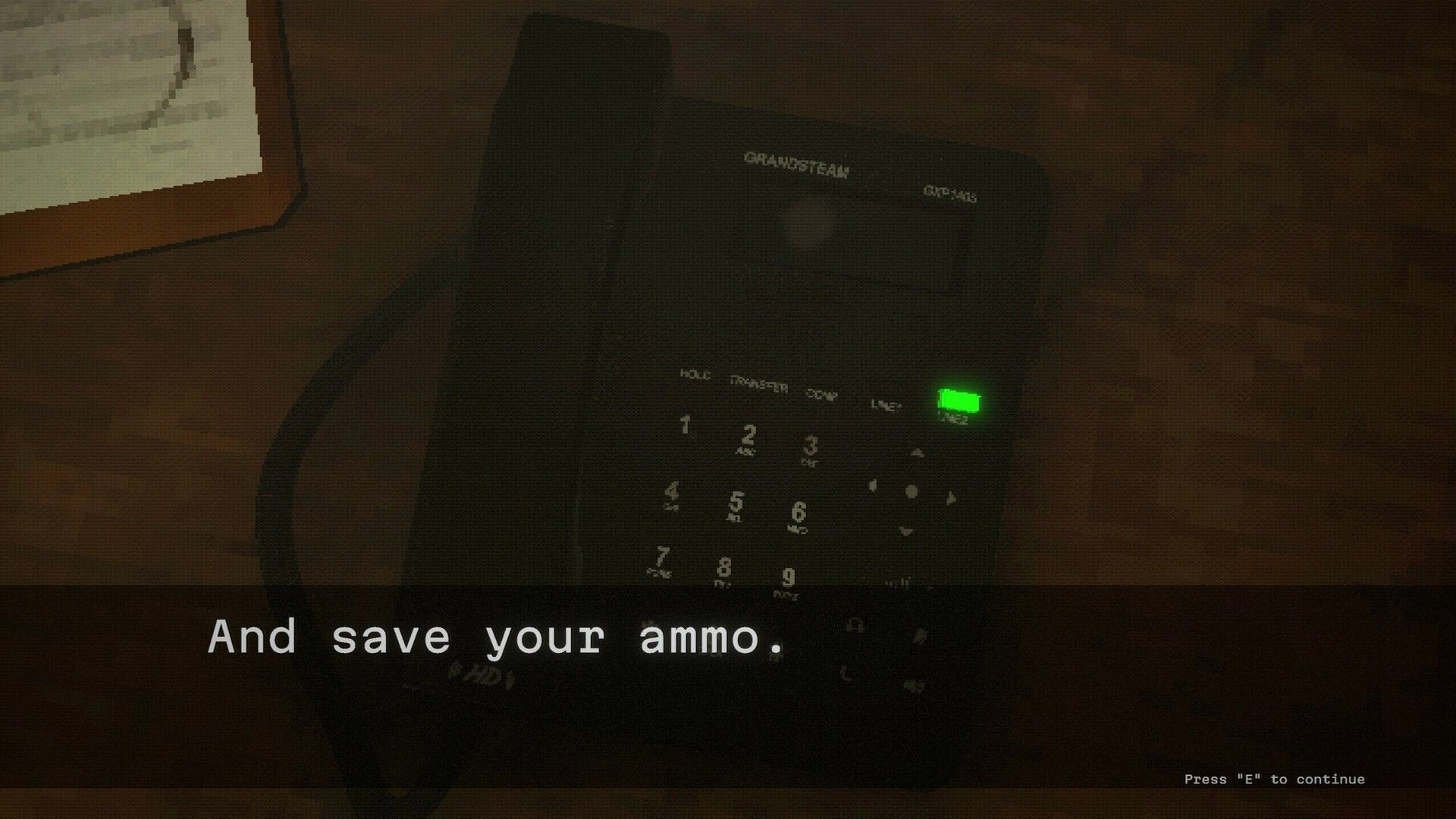 BECROWNED: Phone on a wooden desk with text overlay "And save your ammo." Options to continue.