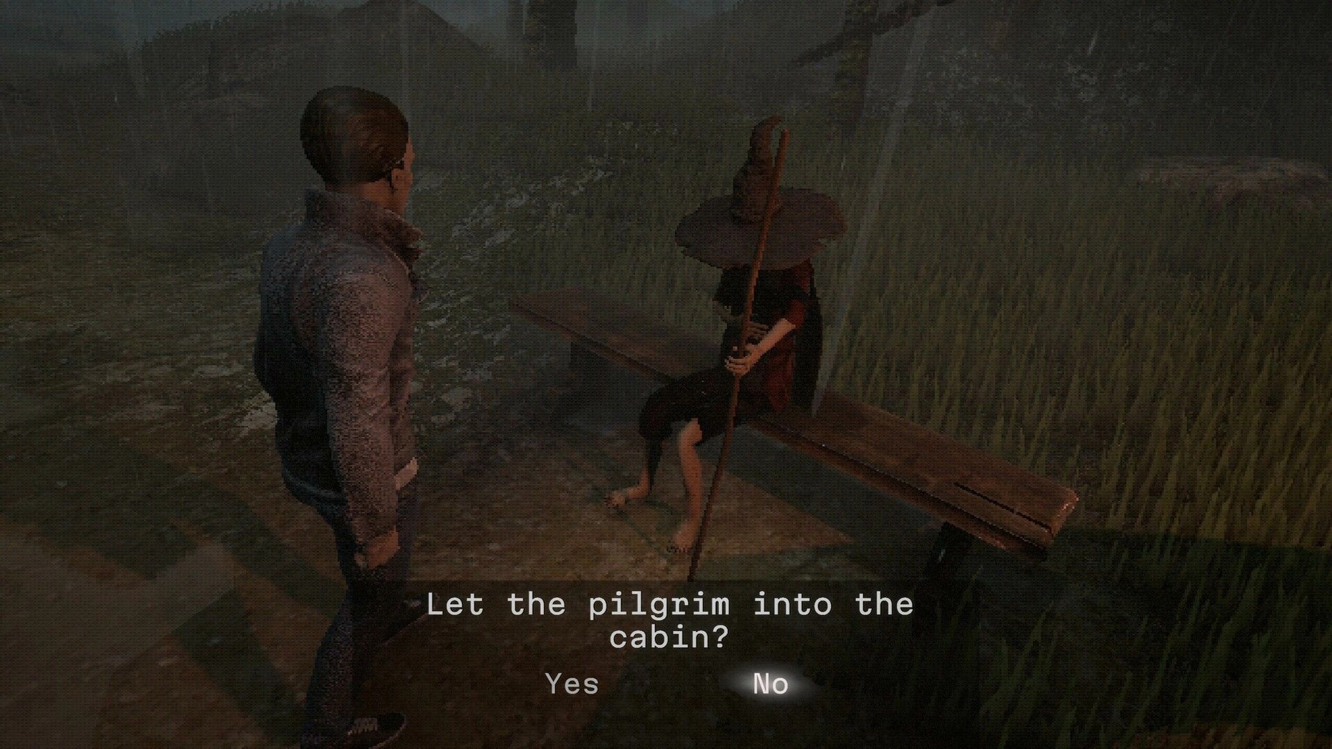 BECROWNED: Player interaction with seated pilgrim, choice menu visible in rainy, overgrown ruins