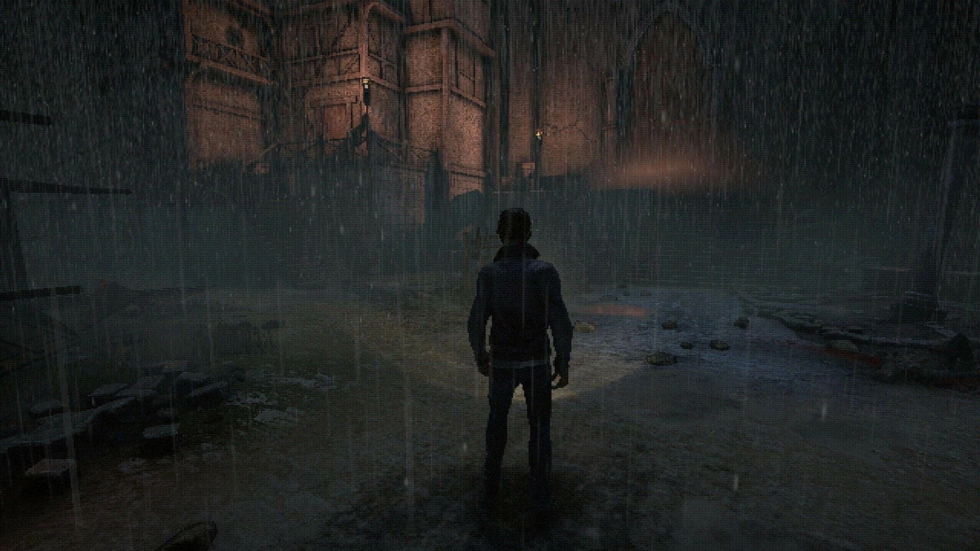 BECROWNED: Player character stands in the rain, exploring dark ruins of an ancient, eerie kingdom.