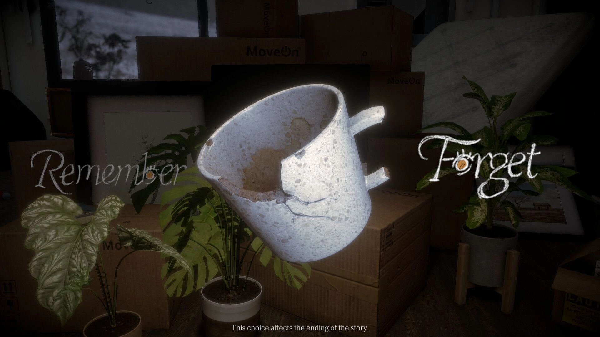 Before Closure: Choose Remember or Forget beside a cracked mug in a dim room of moving boxes and plants.