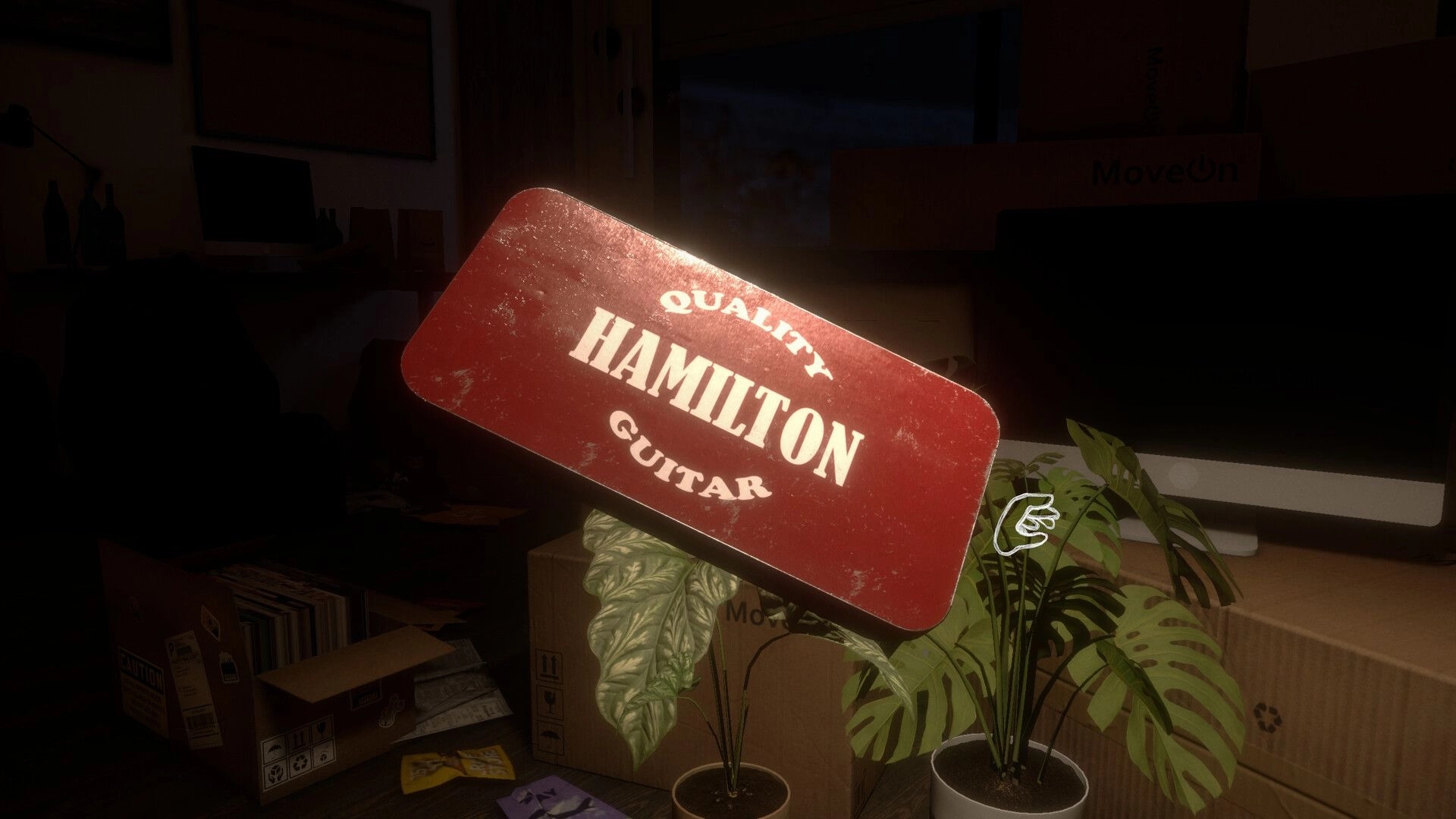 Before Closure: Inspecting a worn Hamilton Guitar case tag beside a hand icon in a moving room.