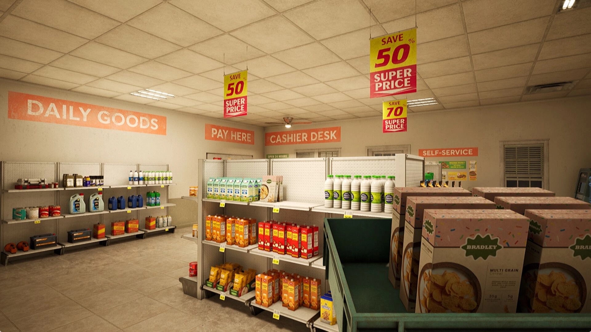 Before Exit: Shelves of groceries and cleaning products in a brightly lit gas station store interior