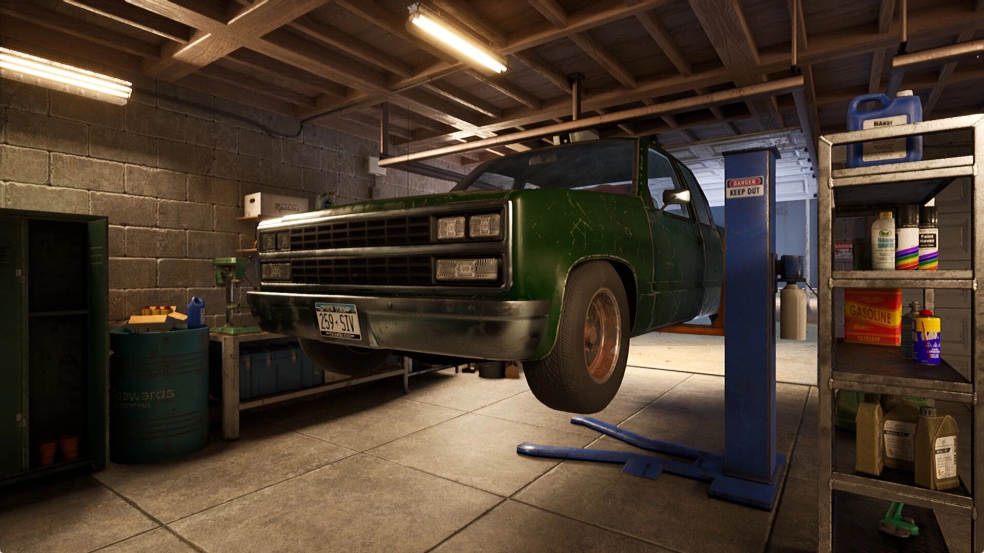 Before Exit: Green pickup truck suspended on car lift in cluttered gas station garage with tools visible