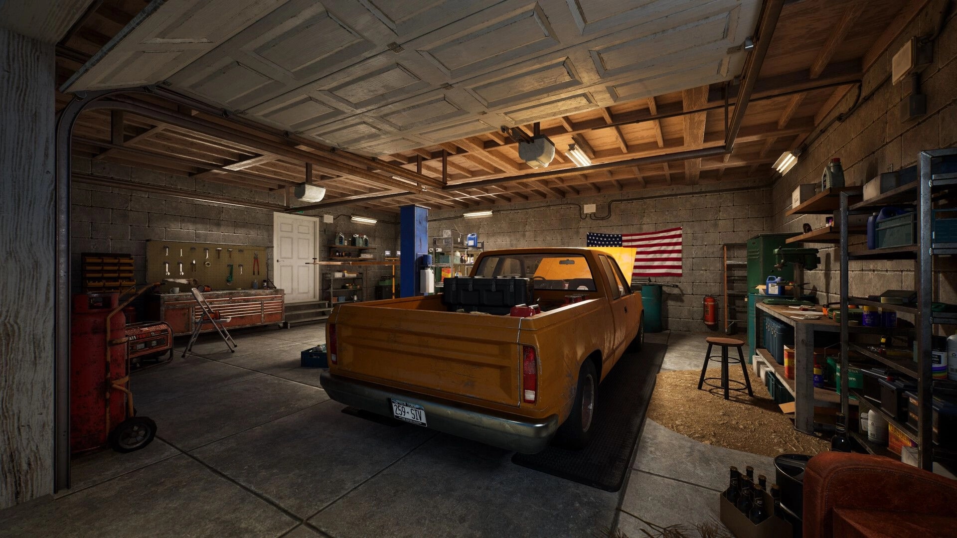 Before Exit: Yellow pickup truck parked in a cluttered garage with tools and an American flag.