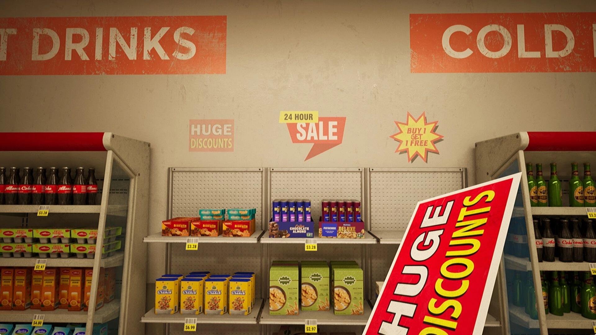 Before Exit: Shelves with snacks and drinks, discount signs, and promotional offers in gas station shop