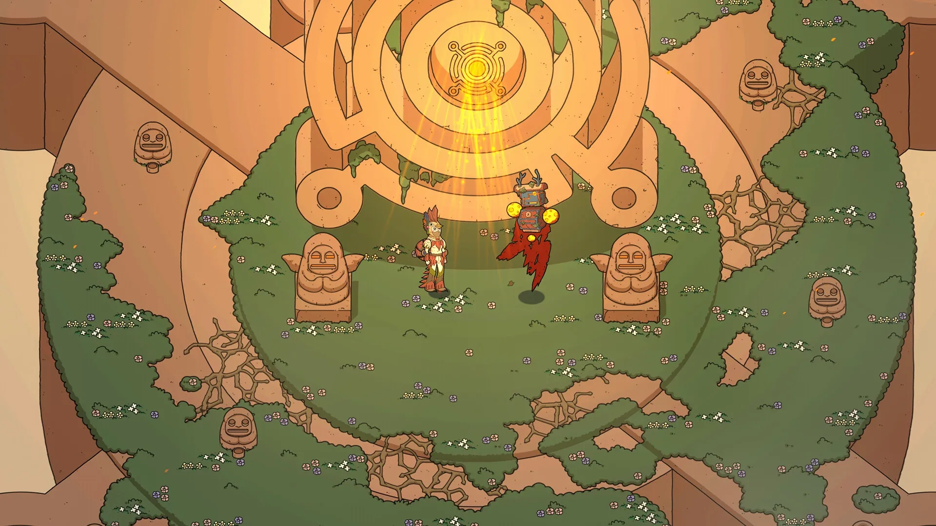 Before Fate: Two characters confront each other beneath a glowing ancient portal surrounded by statues