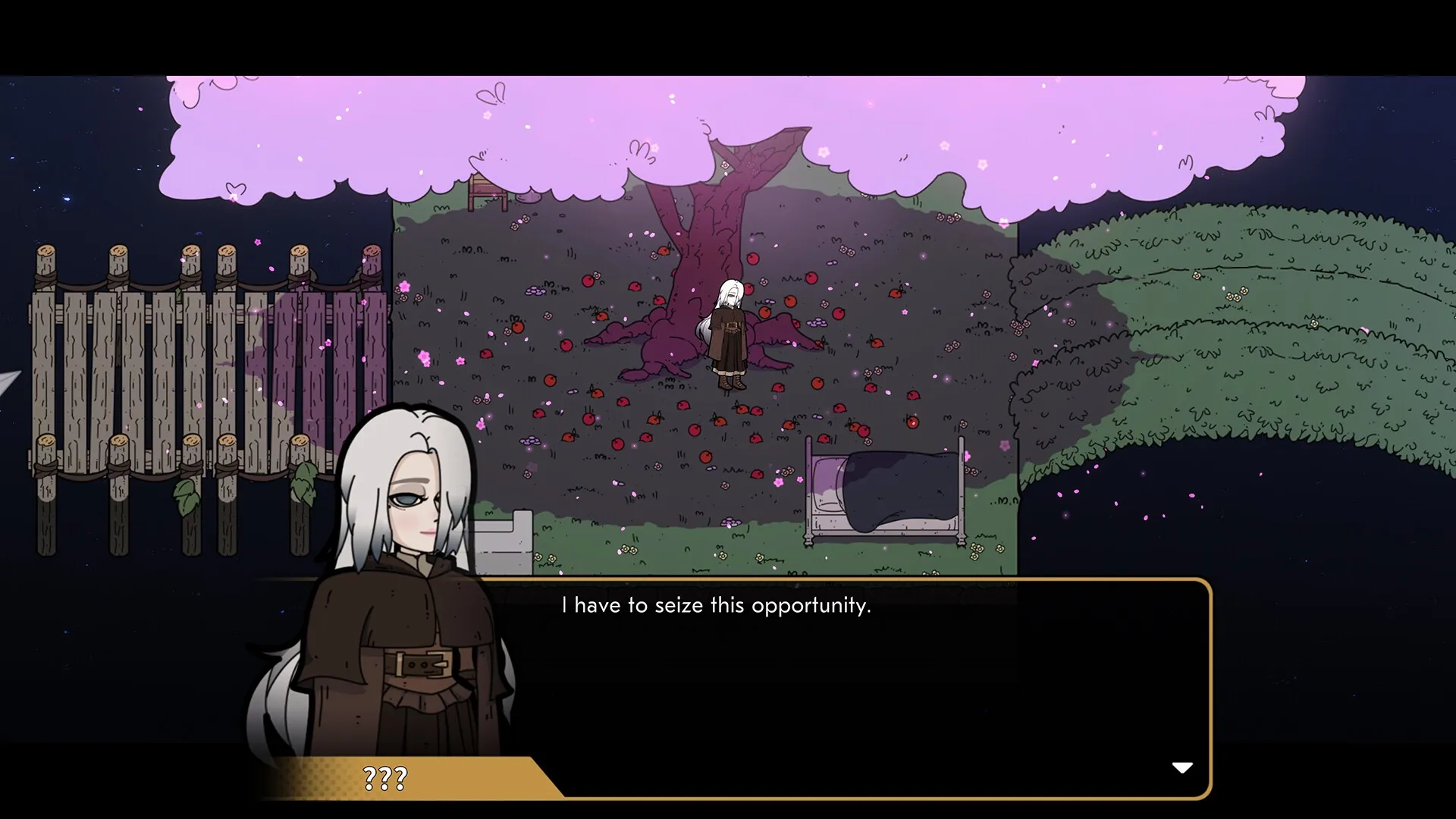 Before Fate: Character stands by a mystical tree with falling petals, contemplating an opportunity